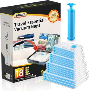 Brodi Travel Vacuum Bags with Pump - Compression Bags for Travel,Vacuum Storage Bags for Space Saver & Travel Essentials,Vacuum Seal Bags for Clothing,Travel Vacuum Bags for Luggage(18 Combo Pack)