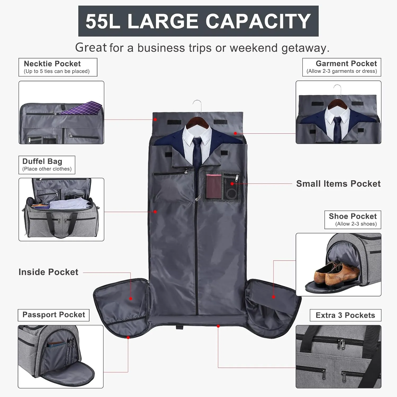 Bukere Rolling Garment Bag, Travel Garment Duffle Bag with Wheels, Carry on 3 in 1 Suit Luggage Bag with Detachable Trolley for Men Women Business Weekender