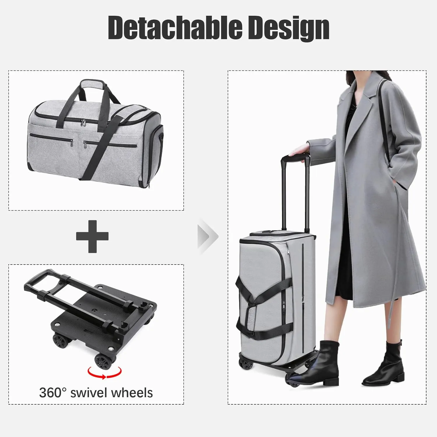 Bukere Rolling Garment Bag, Travel Garment Duffle Bag with Wheels, Carry on 3 in 1 Suit Luggage Bag with Detachable Trolley for Men Women Business Weekender