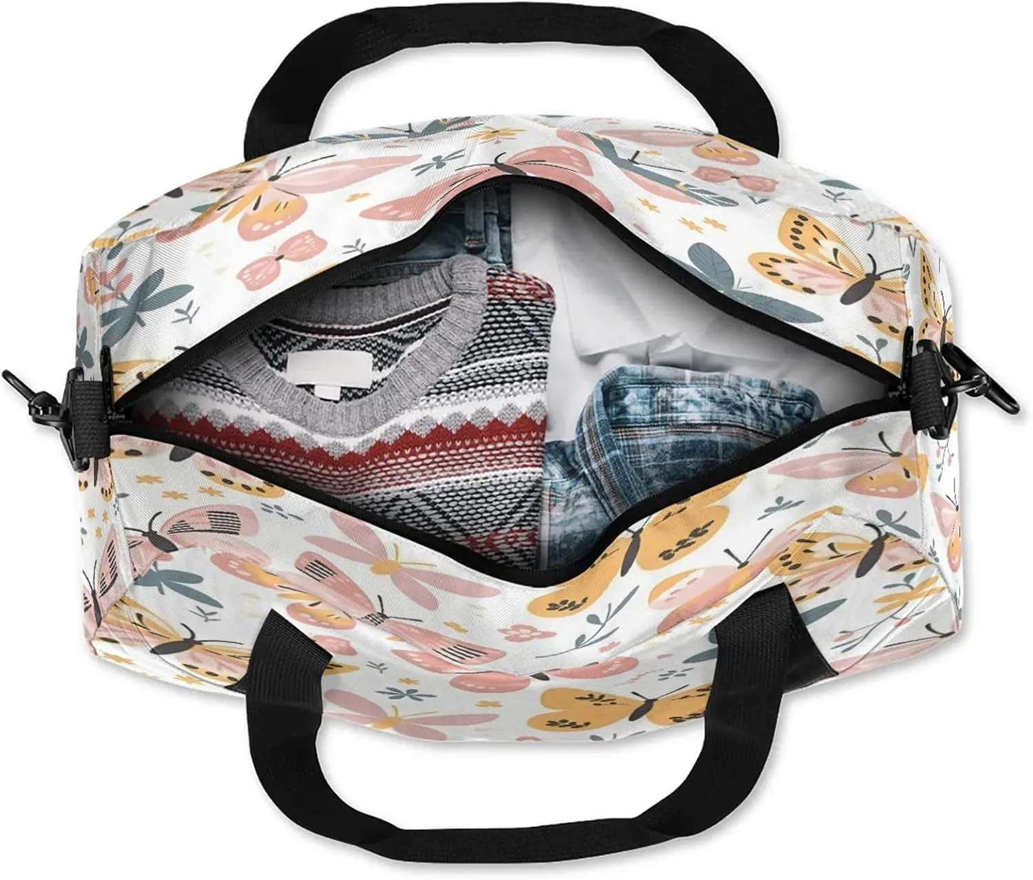 Butterflies Flowers Pattern Kids Duffel Bag Lightweight Waterproof Sports Gym Bag with Front Zipper Pocket Foldable Weekender Overnight Bag for School Practice Gymnastic Ballet