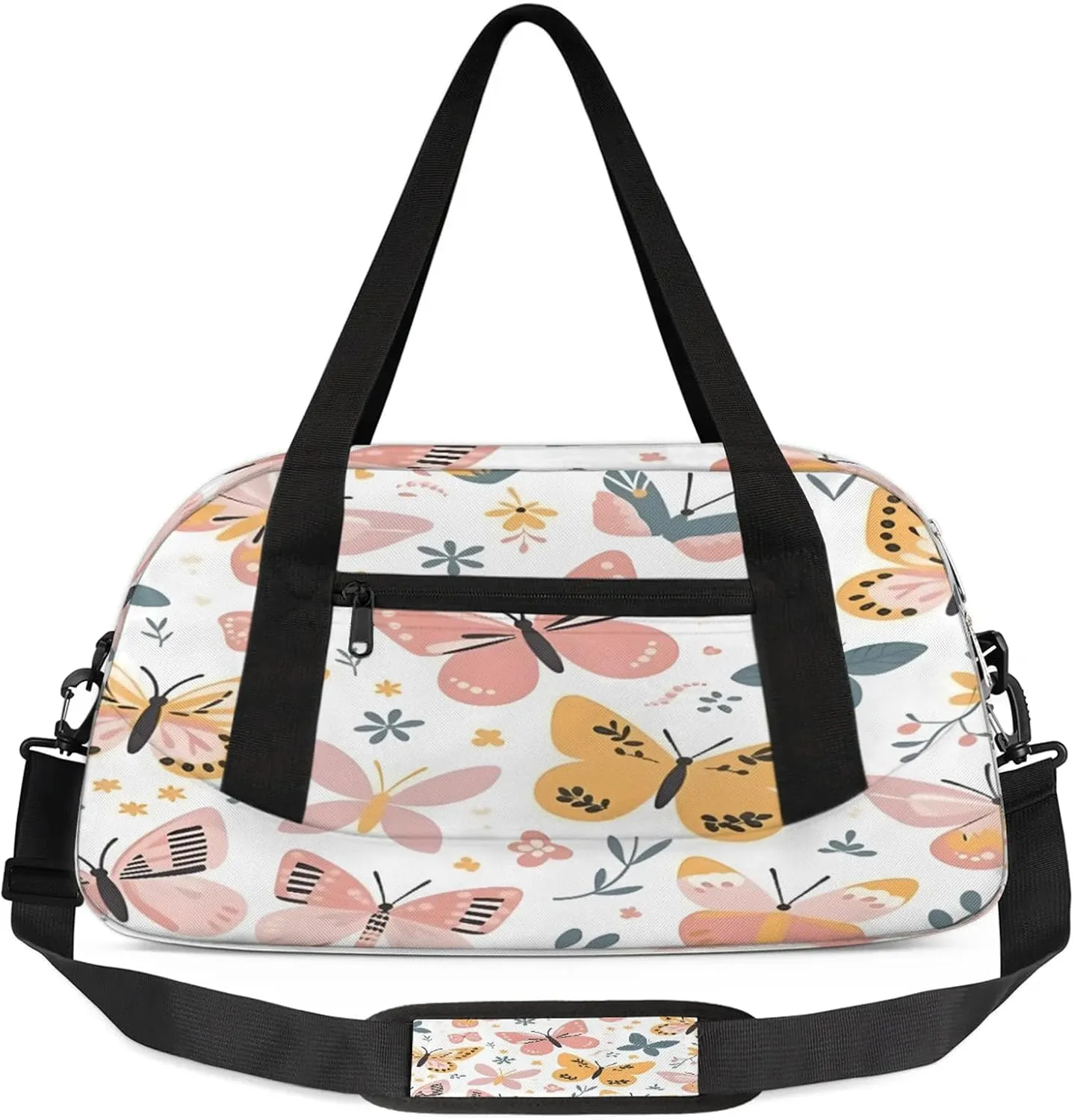 Butterflies Flowers Pattern Kids Duffel Bag Lightweight Waterproof Sports Gym Bag with Front Zipper Pocket Foldable Weekender Overnight Bag for School Practice Gymnastic Ballet