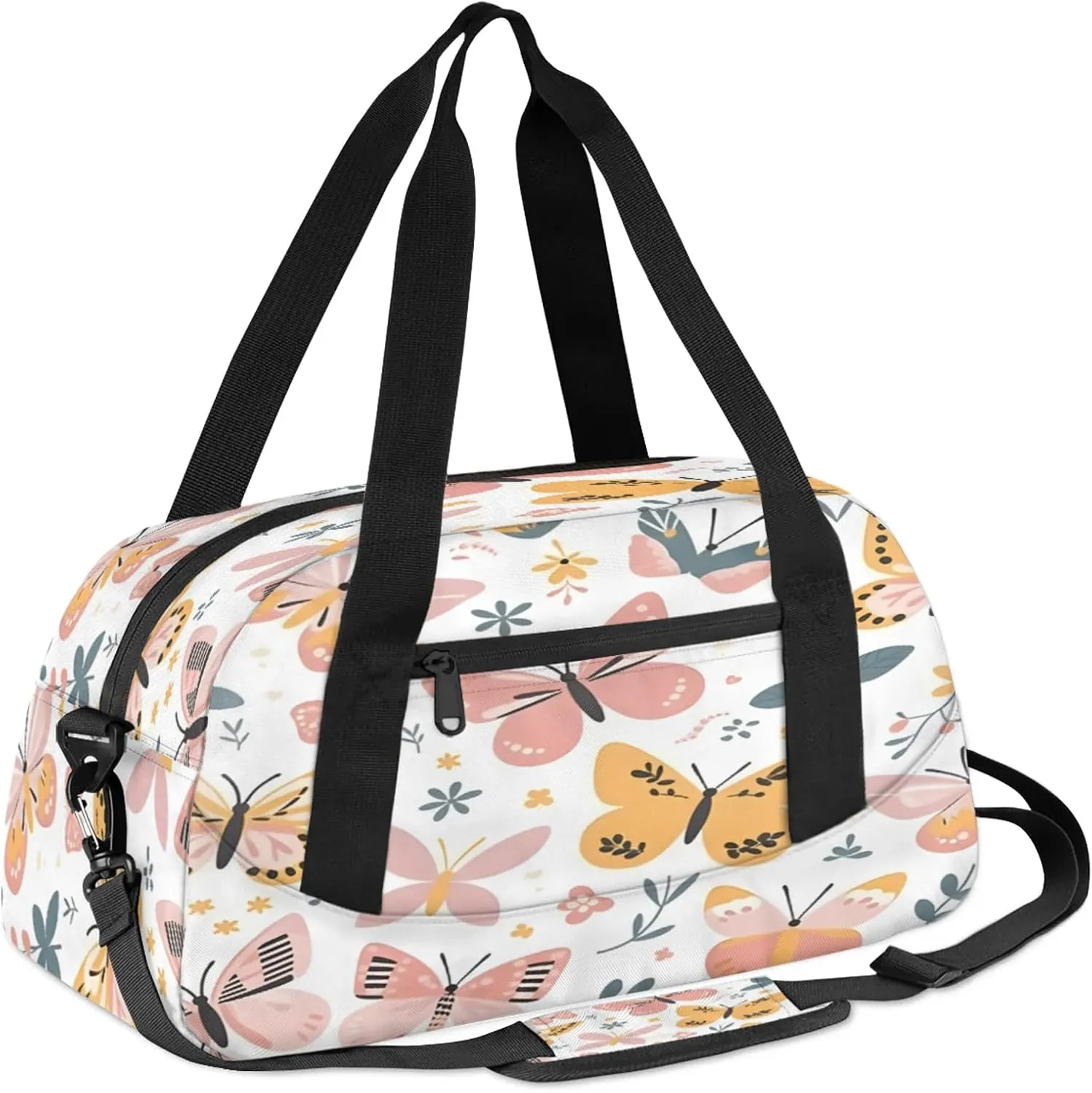 Butterflies Flowers Pattern Kids Duffel Bag Lightweight Waterproof Sports Gym Bag with Front Zipper Pocket Foldable Weekender Overnight Bag for School Practice Gymnastic Ballet
