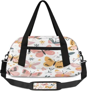 Butterflies Flowers Pattern Kids Duffel Bag Lightweight Waterproof Sports Gym Bag with Front Zipper Pocket Foldable Weekender Overnight Bag for School Practice Gymnastic Ballet