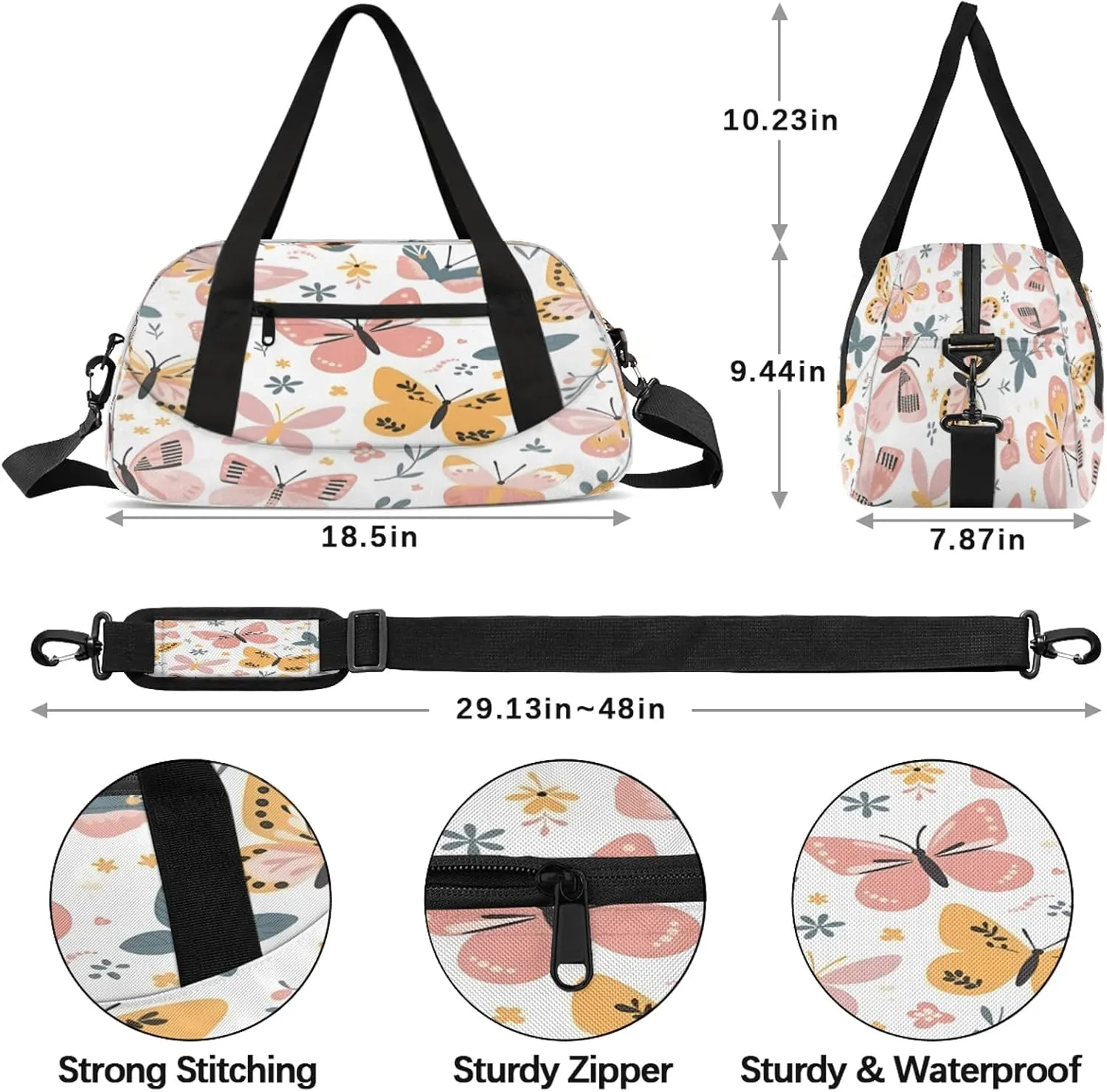 Butterflies Flowers Pattern Kids Duffel Bag Lightweight Waterproof Sports Gym Bag with Front Zipper Pocket Foldable Weekender Overnight Bag for School Practice Gymnastic Ballet