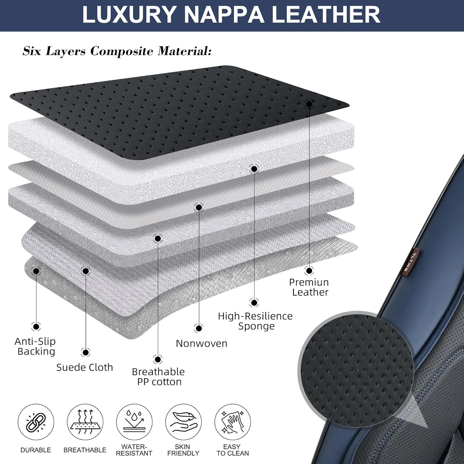 Car Seat Covers Full Set, Front and Rear Seat Covers for Cars, Waterproof Leather Auto Seat Protectors with Head Pillow, Car Seat Cushions Fit for Most Sedans SUV Pick-up Truck, Black&Navy