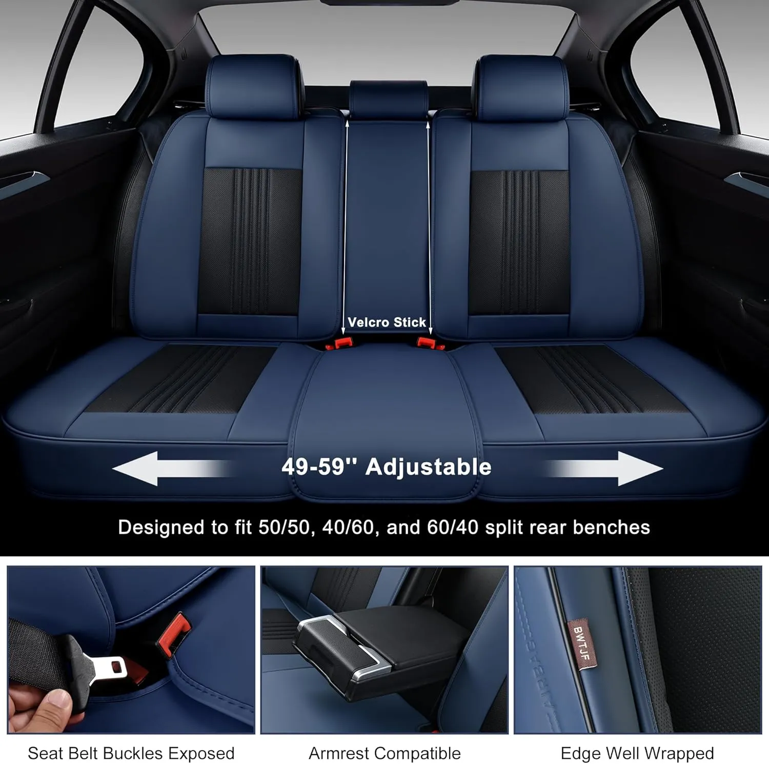 Car Seat Covers Full Set, Front and Rear Seat Covers for Cars, Waterproof Leather Auto Seat Protectors with Head Pillow, Car Seat Cushions Fit for Most Sedans SUV Pick-up Truck, Black&Navy