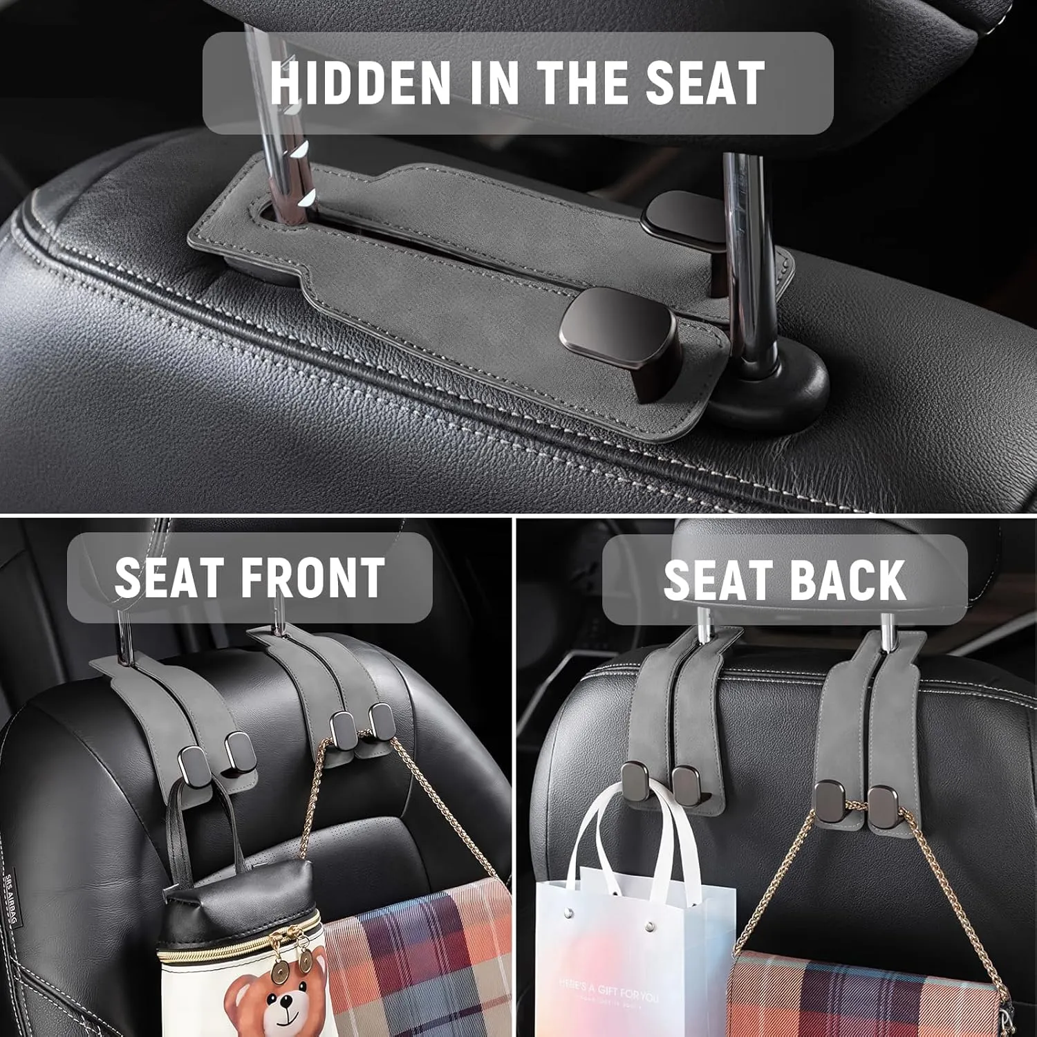 Car Seat Headrest Hook: Double Automotive Seat Back Organizers - Leather Vehicle Storage Hanger for Purse Bag Handbag 2 Pack (Grey)