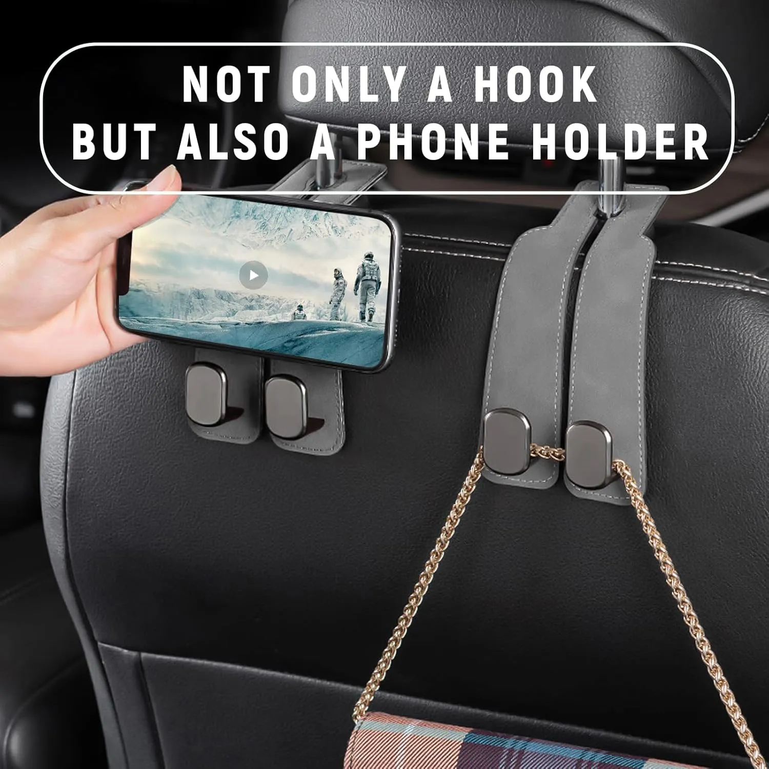 Car Seat Headrest Hook: Double Automotive Seat Back Organizers - Leather Vehicle Storage Hanger for Purse Bag Handbag 2 Pack (Grey)
