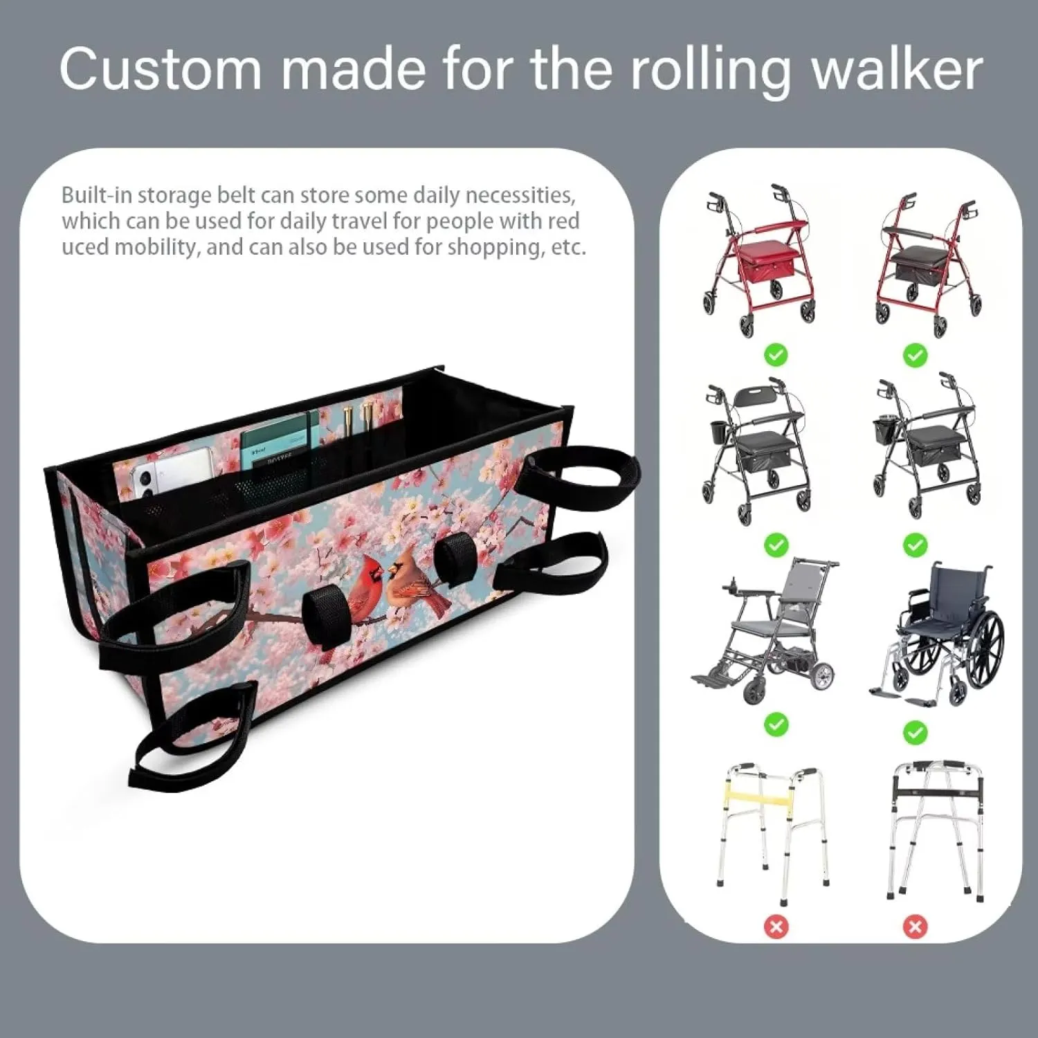 Cardinals Hand-Free Carry Storage Bags for Four Wheel Rollator Waterproof Walker Wheelchair Accessories Bag for Seniors with Pockets