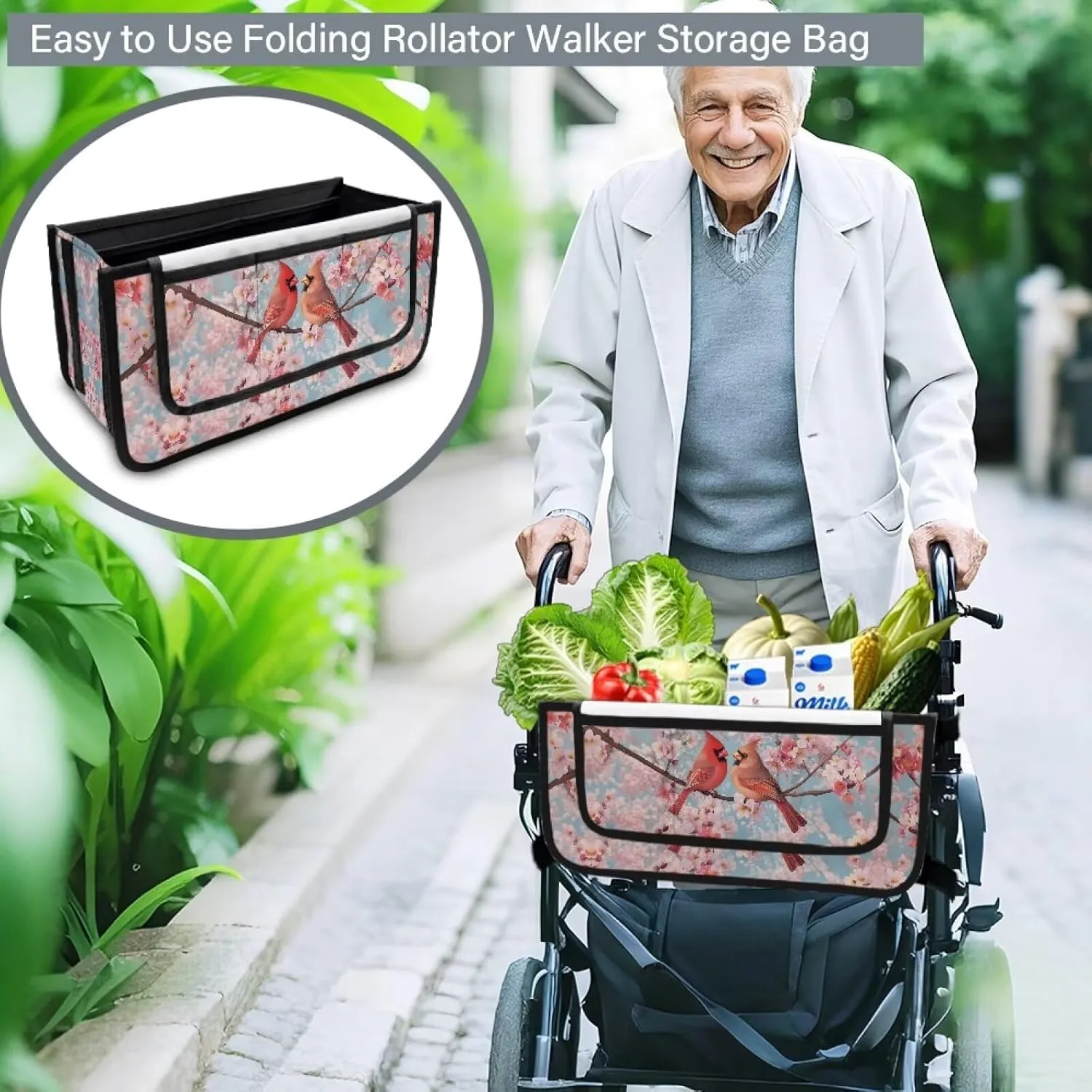 Cardinals Hand-Free Carry Storage Bags for Four Wheel Rollator Waterproof Walker Wheelchair Accessories Bag for Seniors with Pockets