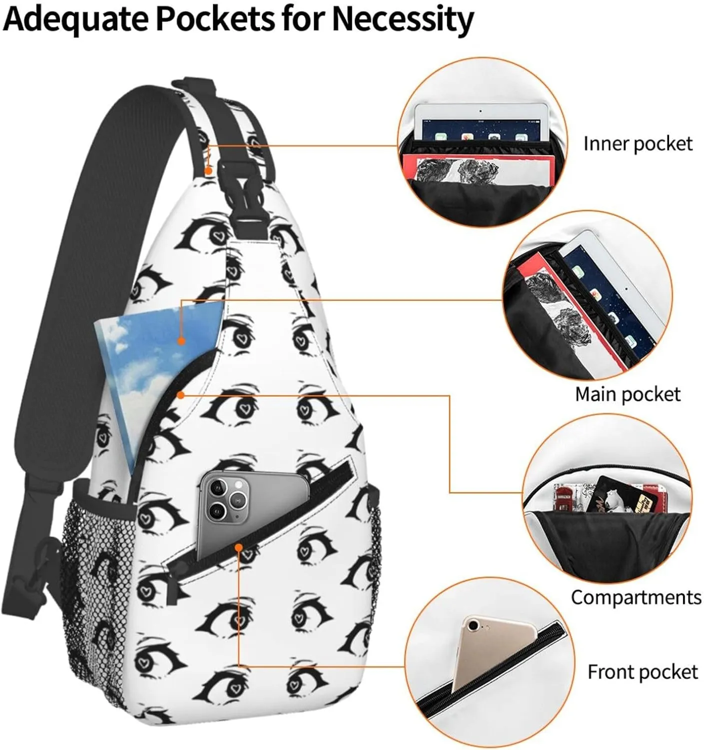 Cartoon Cute Hearts Eyes Crossbody Bag Cross Chest Bag Adjustable Sling Backpack Sports Gym Shoulder Bags Travel Cycling Daypack Diagonally Casual Rucksack