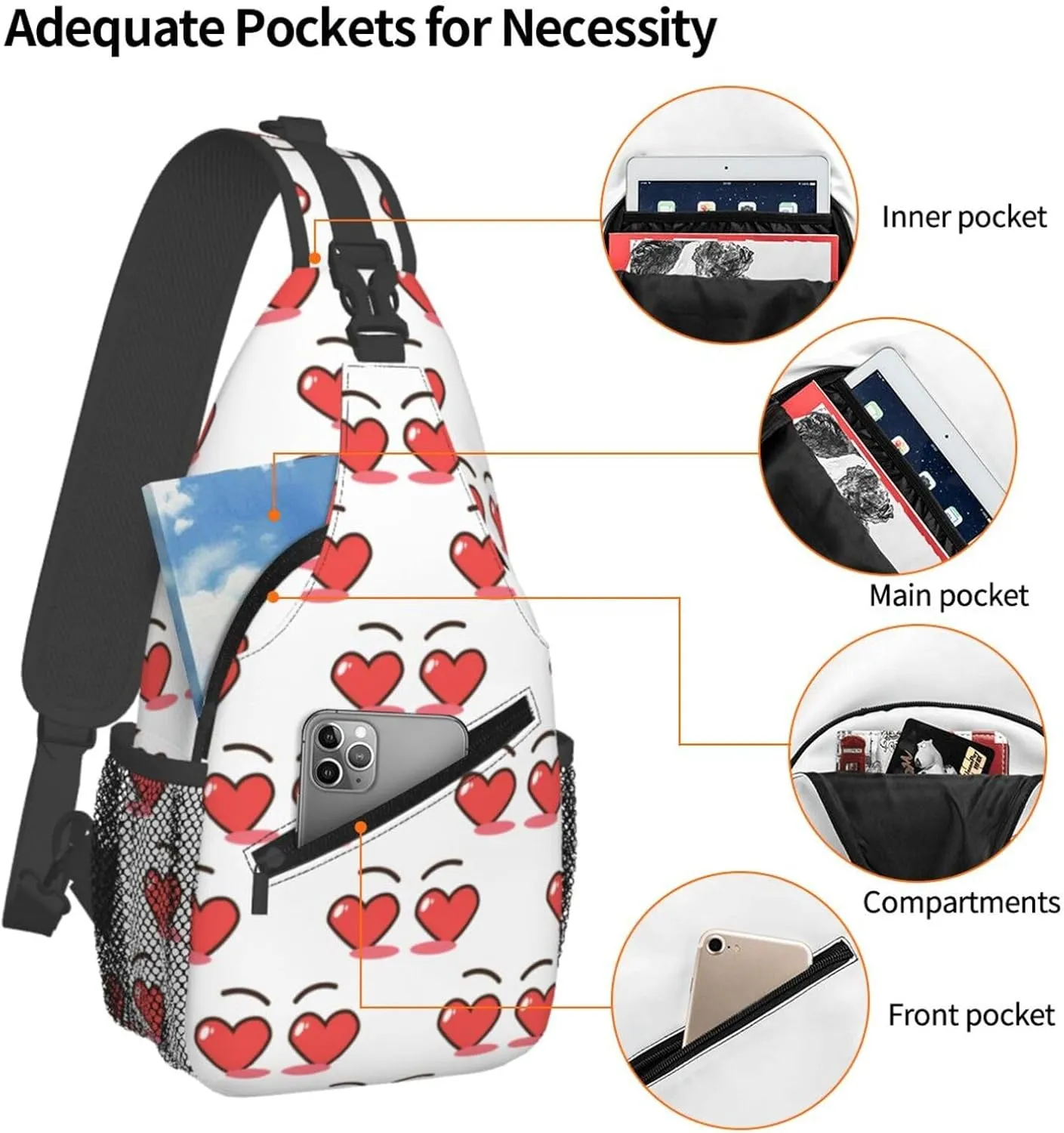 Cartoon Cute Love Hearts Eyes Crossbody Bag Cross Chest Bag Adjustable Sling Backpack Sports Gym Shoulder Bags Travel Cycling Daypack Diagonally Casual Rucksack