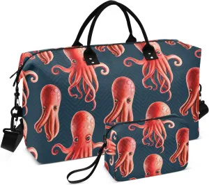 Cartoon Octopus Navy Sports Gym Bag for Women Men Travel Duffel Bag Weekend Overnight Carry on Bag with Toiletry Bag Training Handbag for Swimming Yoga Workout Hospital Plane