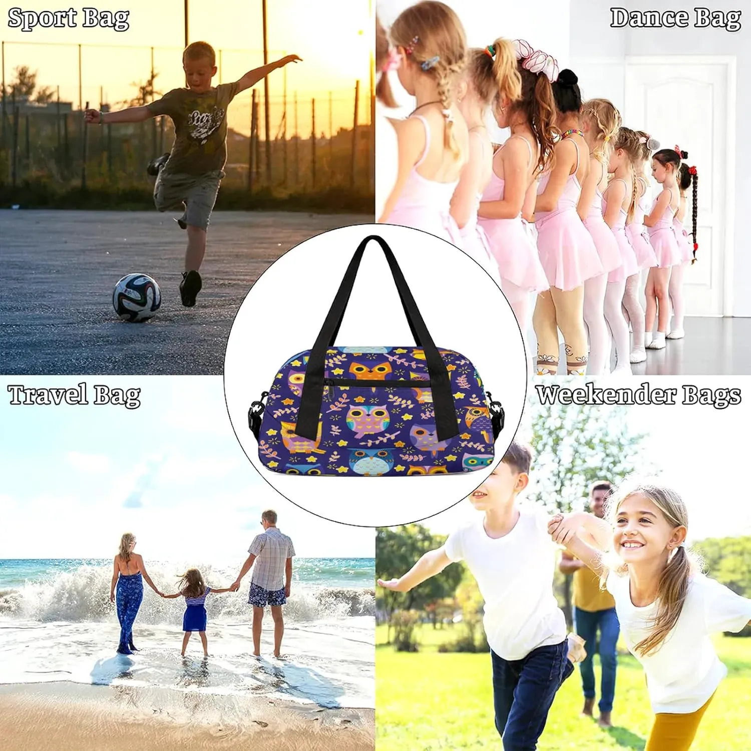 Cartoon Owl Pattern Kids Duffel Bag Lightweight Waterproof Sports Gym Bag with Front Zipper Pocket Foldable Weekender Overnight Bag for School Practice Gymnastic Ballet