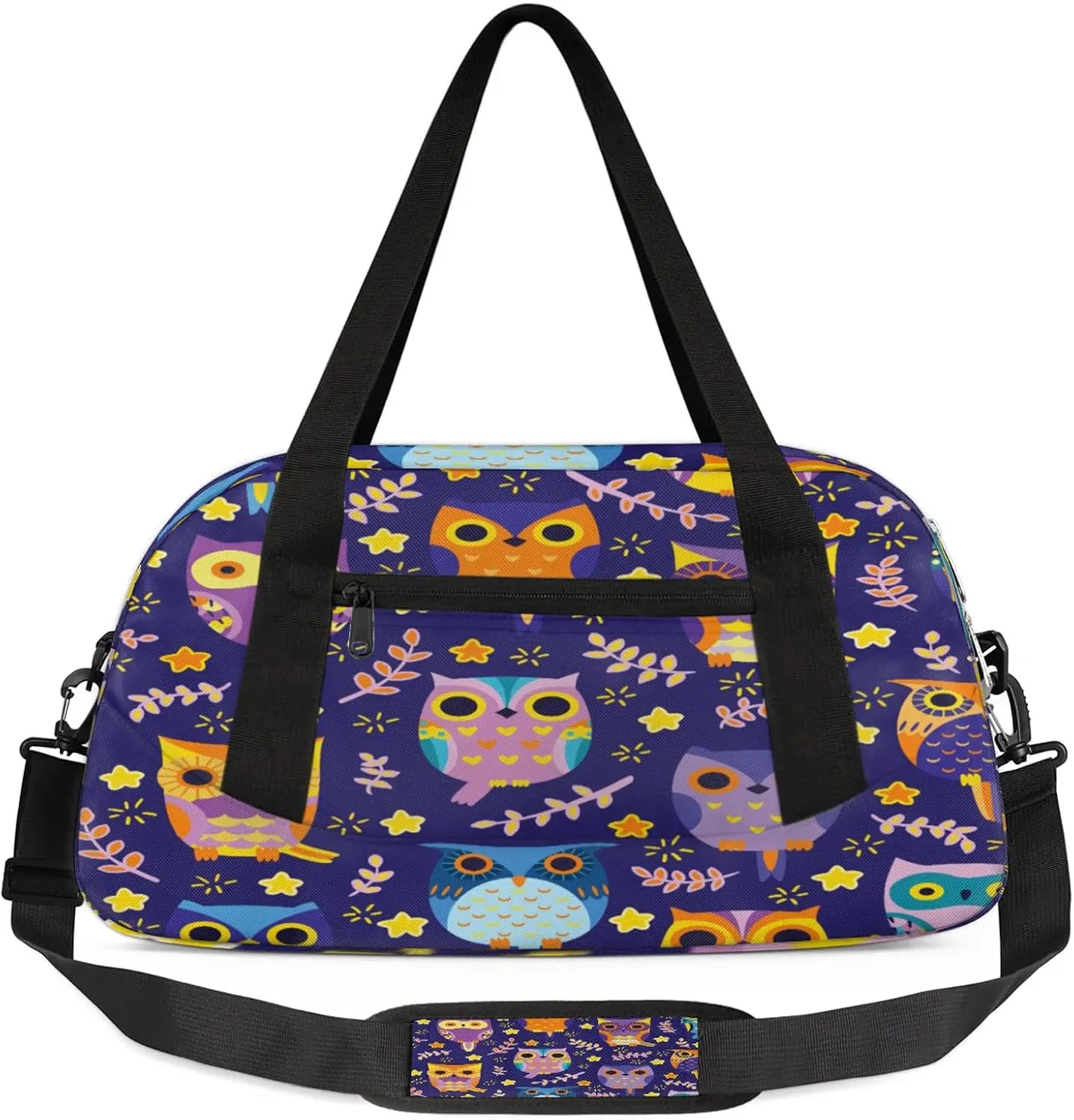 Cartoon Owl Pattern Kids Duffel Bag Lightweight Waterproof Sports Gym Bag with Front Zipper Pocket Foldable Weekender Overnight Bag for School Practice Gymnastic Ballet
