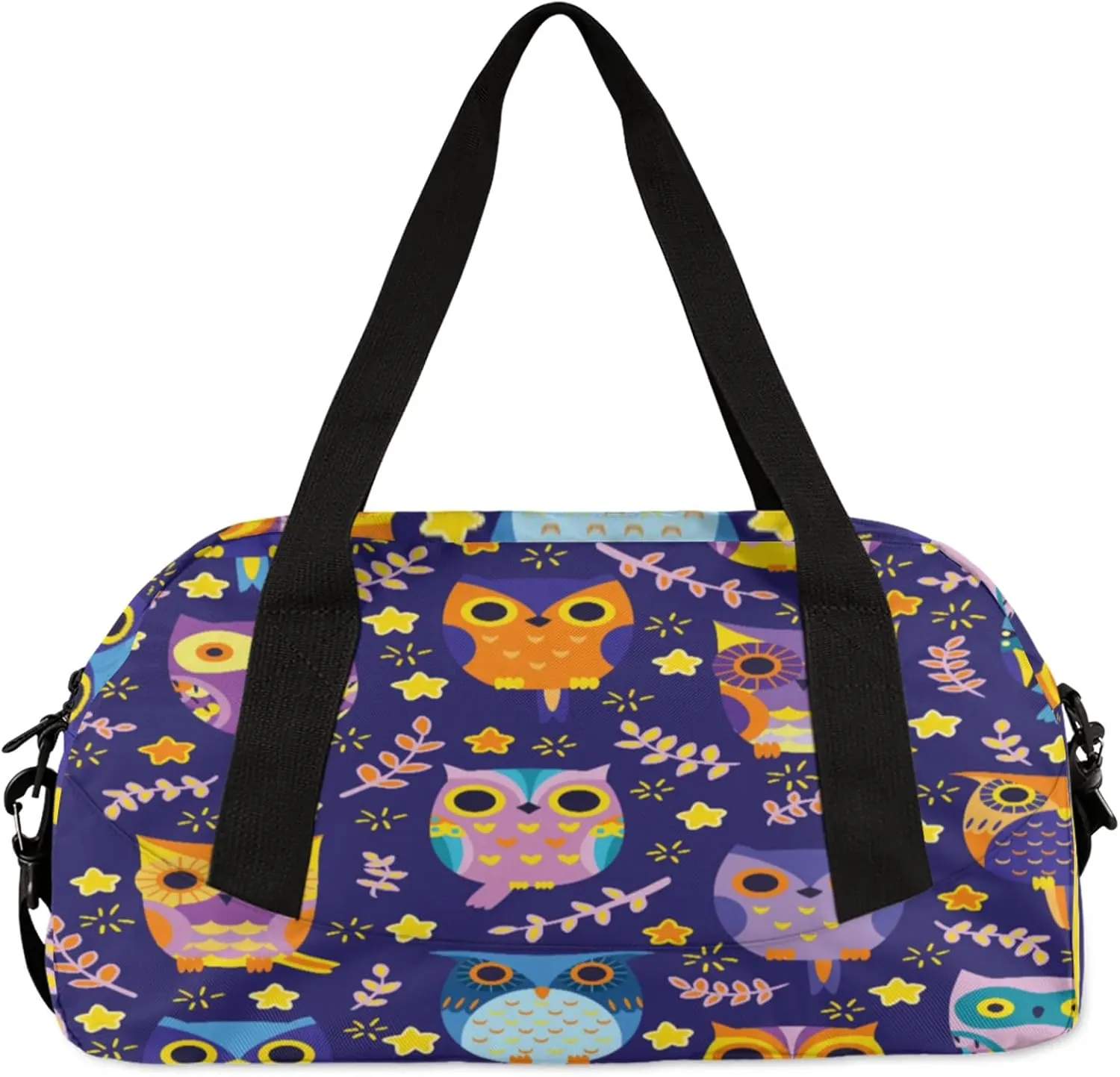 Cartoon Owl Pattern Kids Duffel Bag Lightweight Waterproof Sports Gym Bag with Front Zipper Pocket Foldable Weekender Overnight Bag for School Practice Gymnastic Ballet