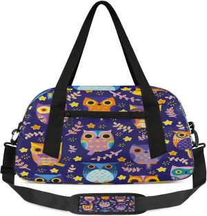 Cartoon Owl Pattern Kids Duffel Bag Lightweight Waterproof Sports Gym Bag with Front Zipper Pocket Foldable Weekender Overnight Bag for School Practice Gymnastic Ballet