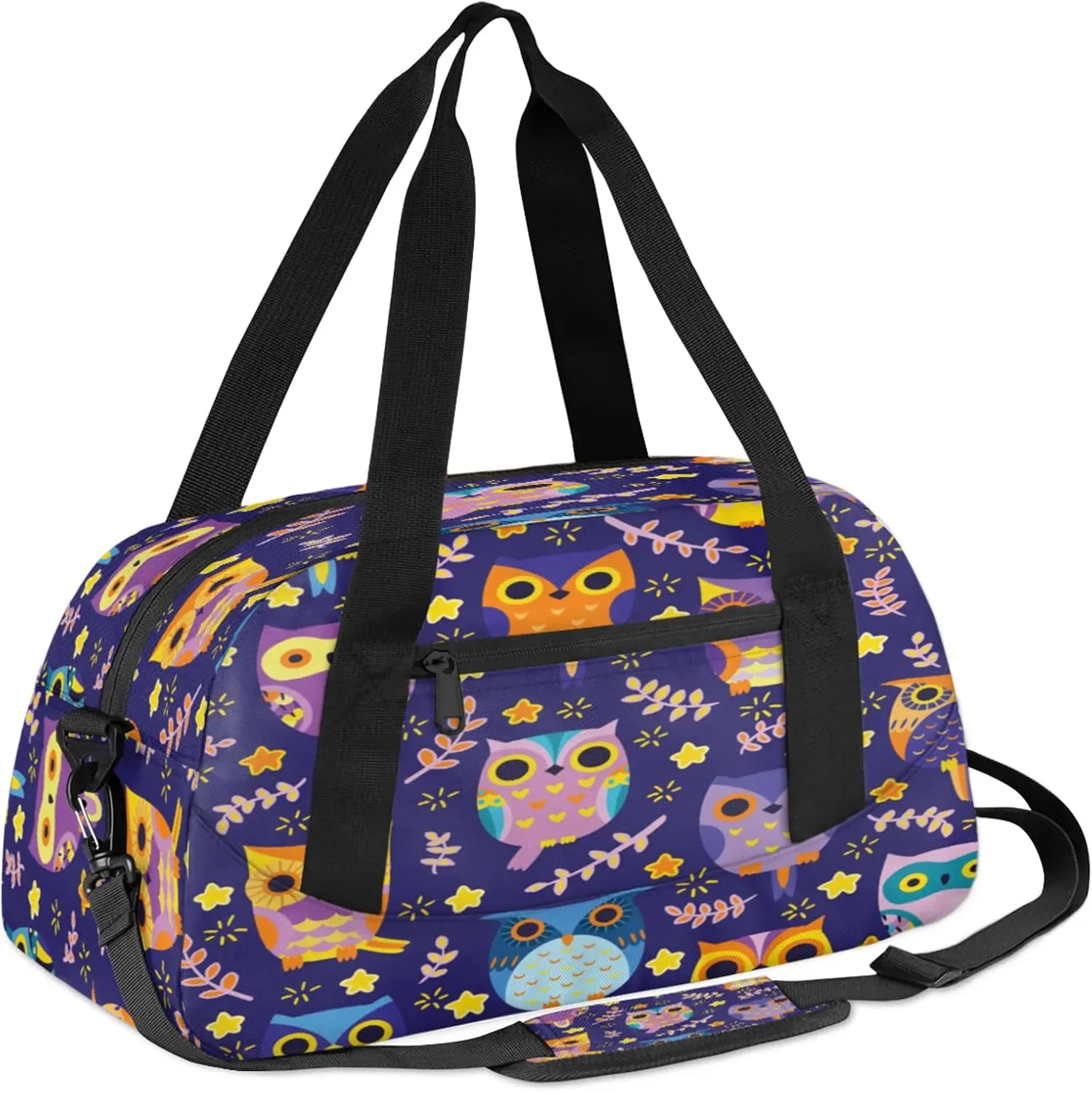Cartoon Owl Pattern Kids Duffel Bag Lightweight Waterproof Sports Gym Bag with Front Zipper Pocket Foldable Weekender Overnight Bag for School Practice Gymnastic Ballet