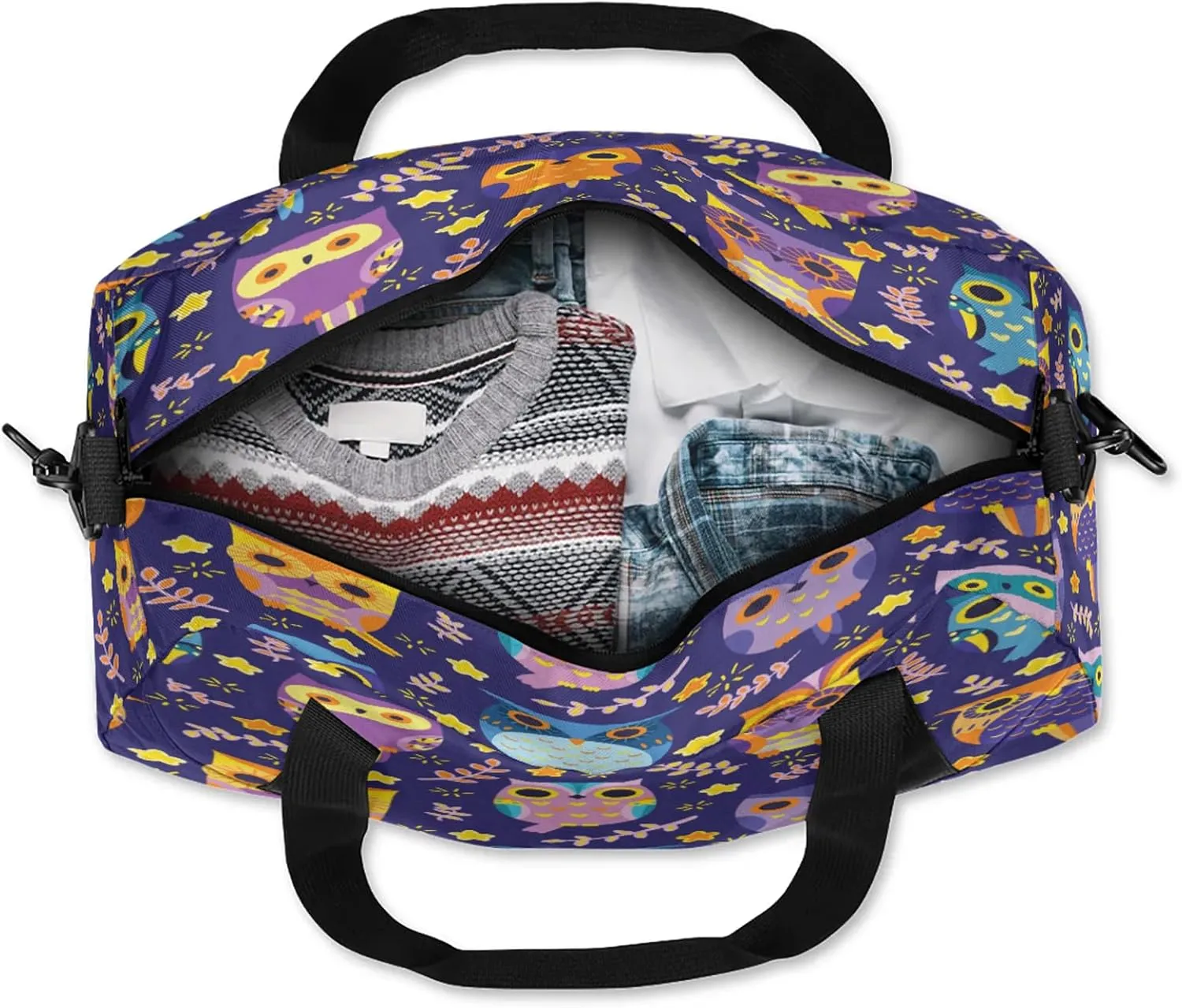 Cartoon Owl Pattern Kids Duffel Bag Lightweight Waterproof Sports Gym Bag with Front Zipper Pocket Foldable Weekender Overnight Bag for School Practice Gymnastic Ballet