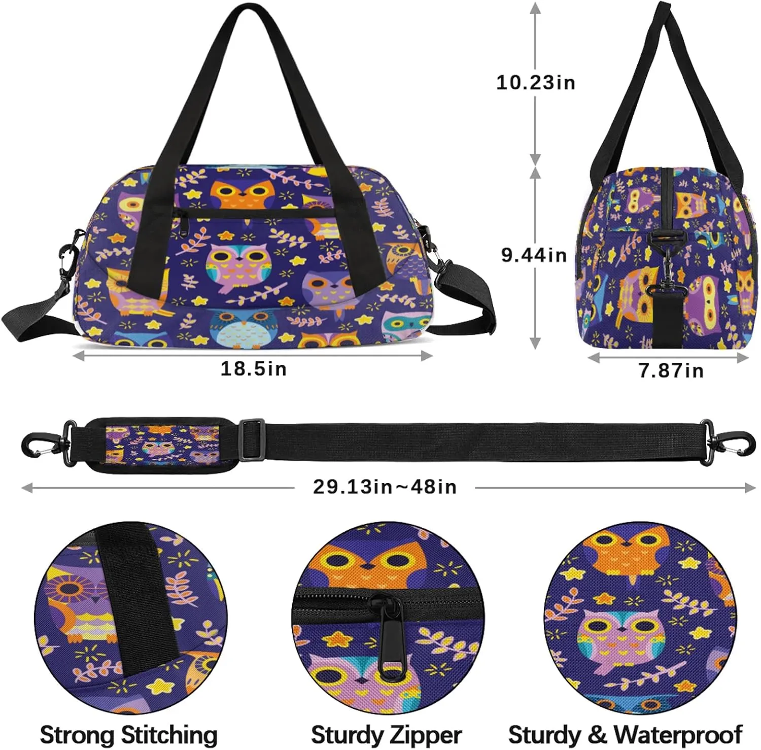 Cartoon Owl Pattern Kids Duffel Bag Lightweight Waterproof Sports Gym Bag with Front Zipper Pocket Foldable Weekender Overnight Bag for School Practice Gymnastic Ballet