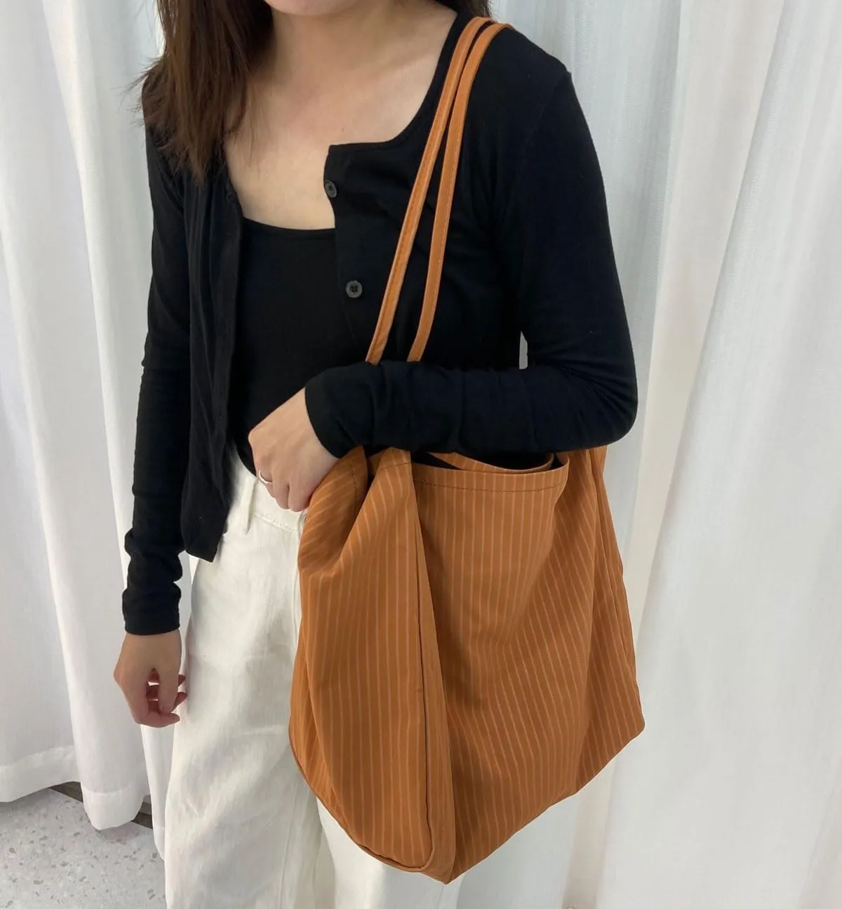 Casual Striped Large Tote Bag for Women Reusable Grocery Shopping Shoulder Bags Beach Work, Brown