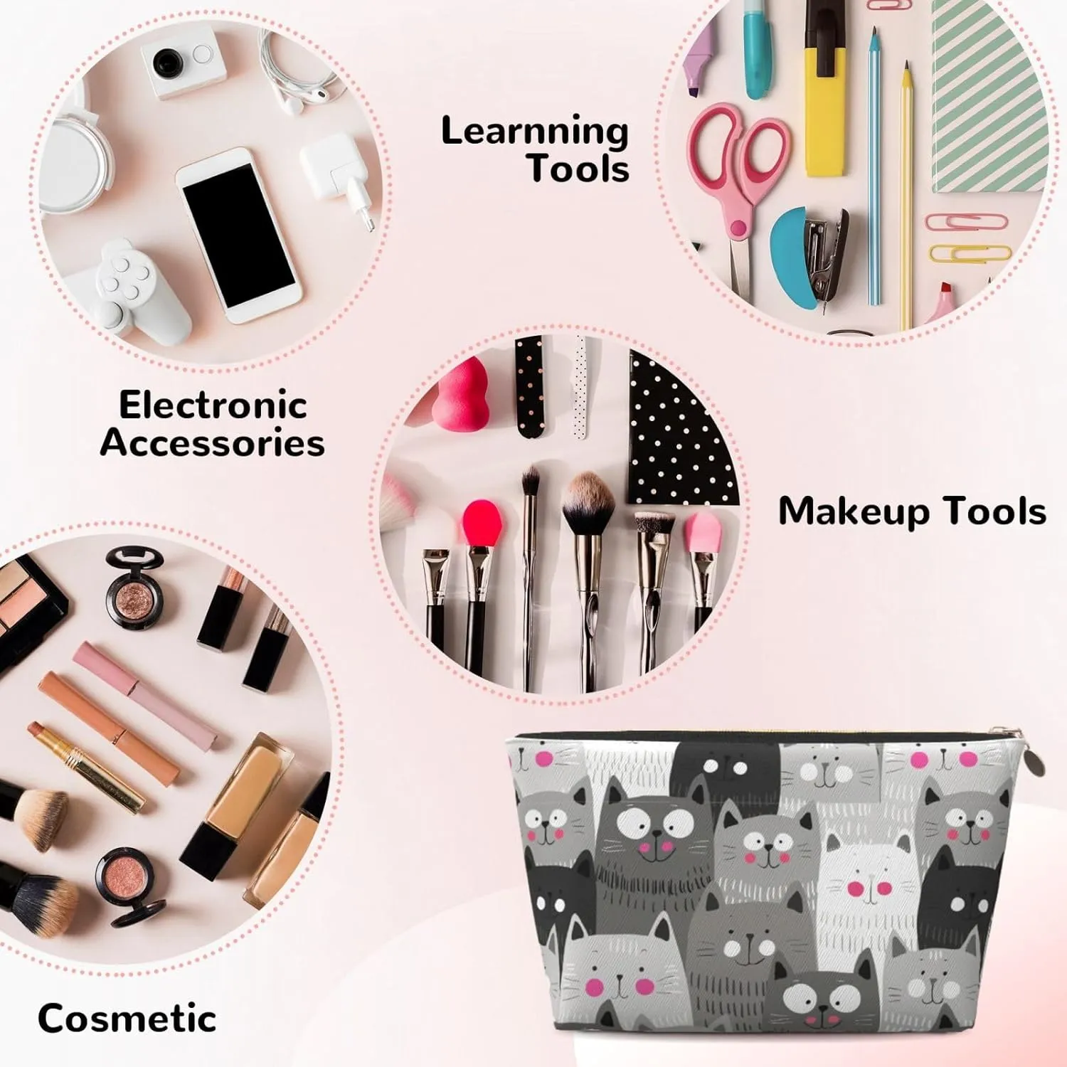 Cat Pattern Cosmetic Bag Travel Makeup Bag Organizer Toiletry Bag with Zipper Storage Pouch Coin Purse Brushes for Women Girls Gifts