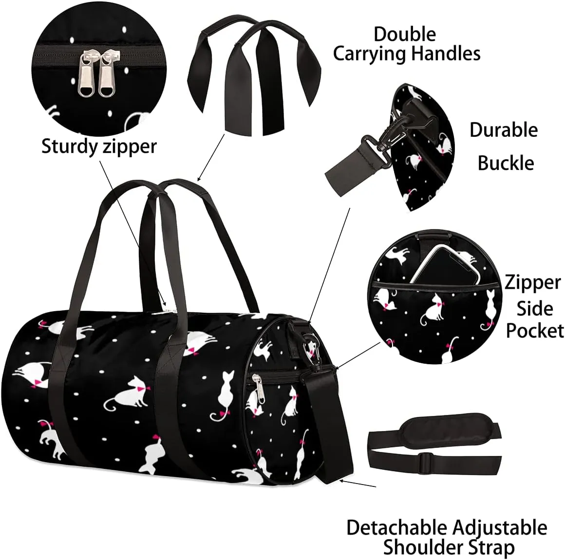 Cats Dots Pattern Gym Bag Small Gym Duffel Bags for Men Women Overnight Weekender Bag Lightweight Sport Duffle Bag Carry On Gymbag