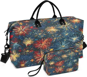 Celebration Firework Burst Navy Sports Gym Bag for Women Men Travel Duffel Bag Weekend Overnight Carry on Bag with Toiletry Bag Workout Dance Bag for Yoga Workout Swimming Hospital Plane