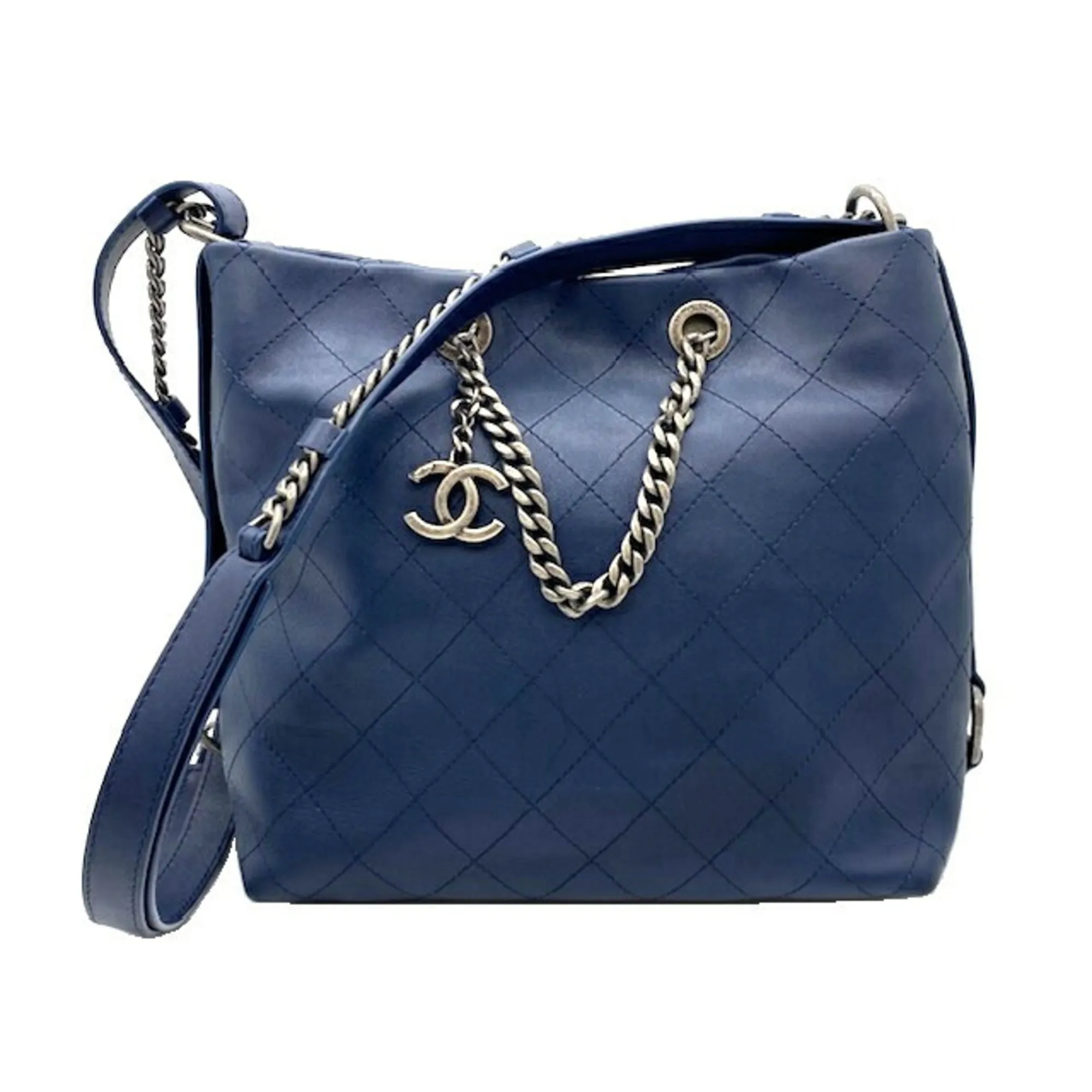 CHANEL Chain Shoulder Bag Leather Navy Pouch