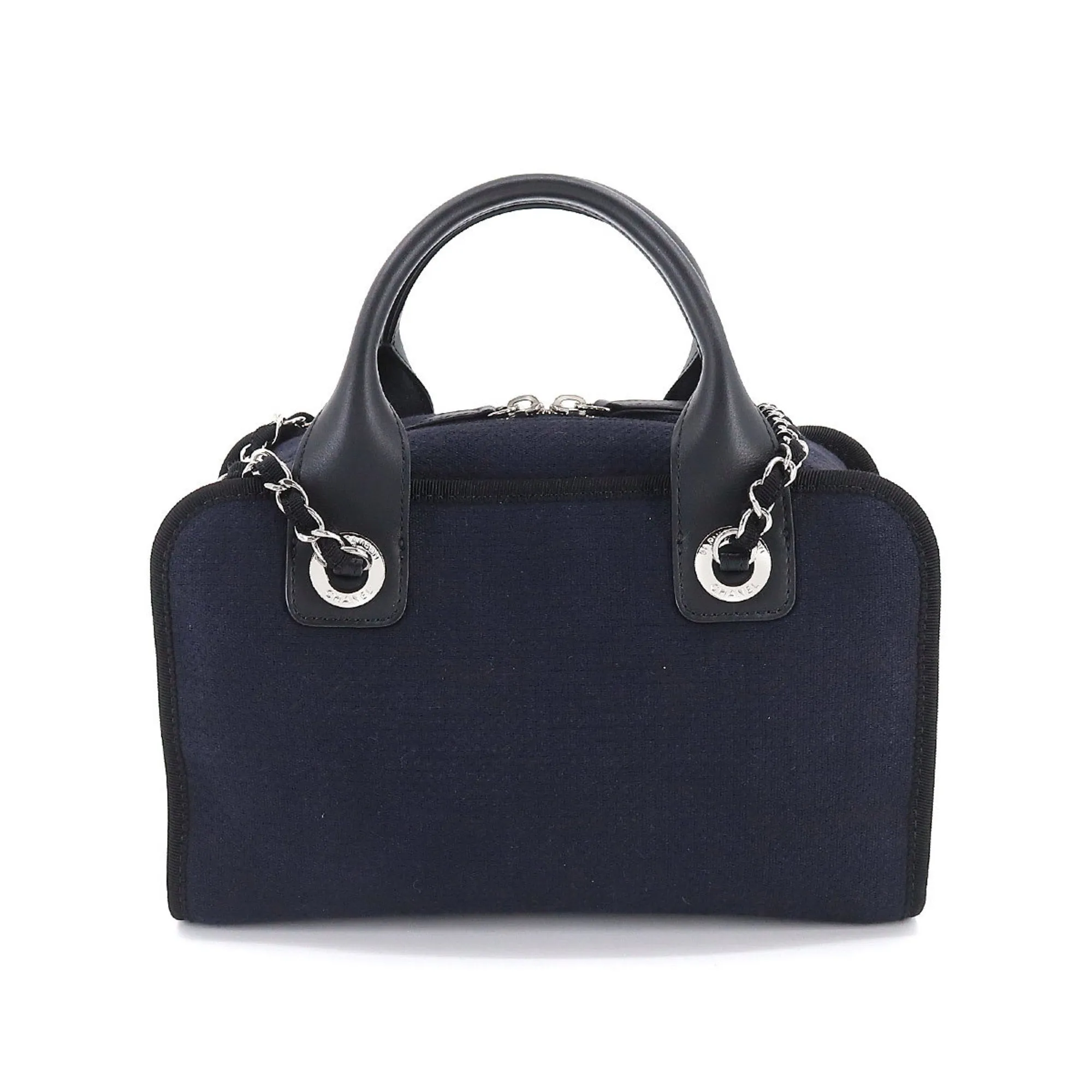 CHANEL Deauville Bowling 2way Hand Chain Shoulder Bag Canvas Leather Navy A92749