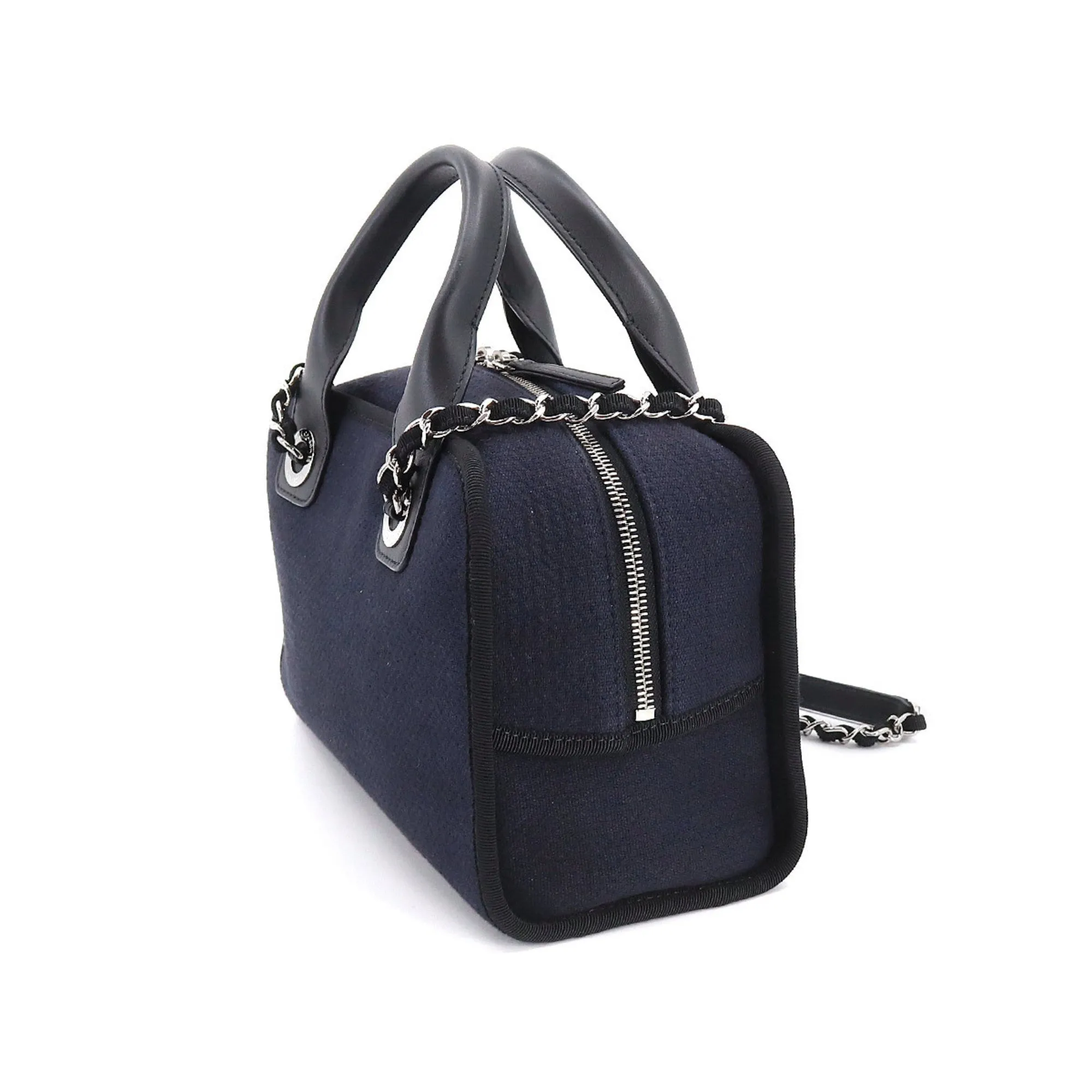 CHANEL Deauville Bowling 2way Hand Chain Shoulder Bag Canvas Leather Navy A92749