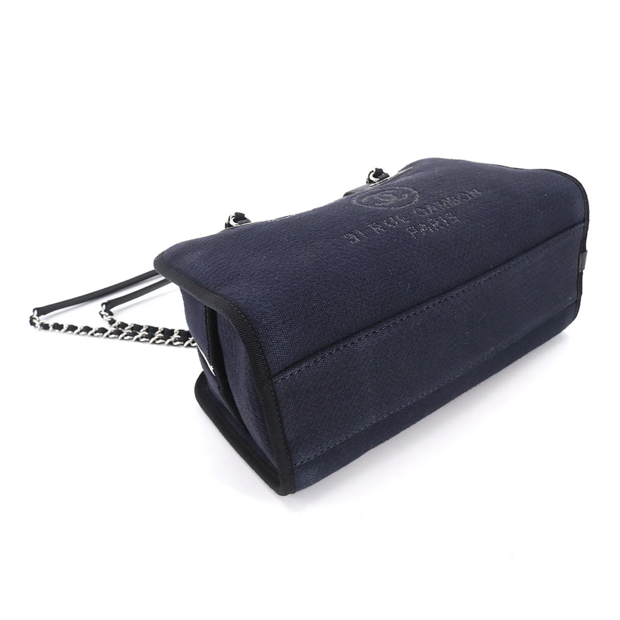 CHANEL Deauville Bowling 2way Hand Chain Shoulder Bag Canvas Leather Navy A92749