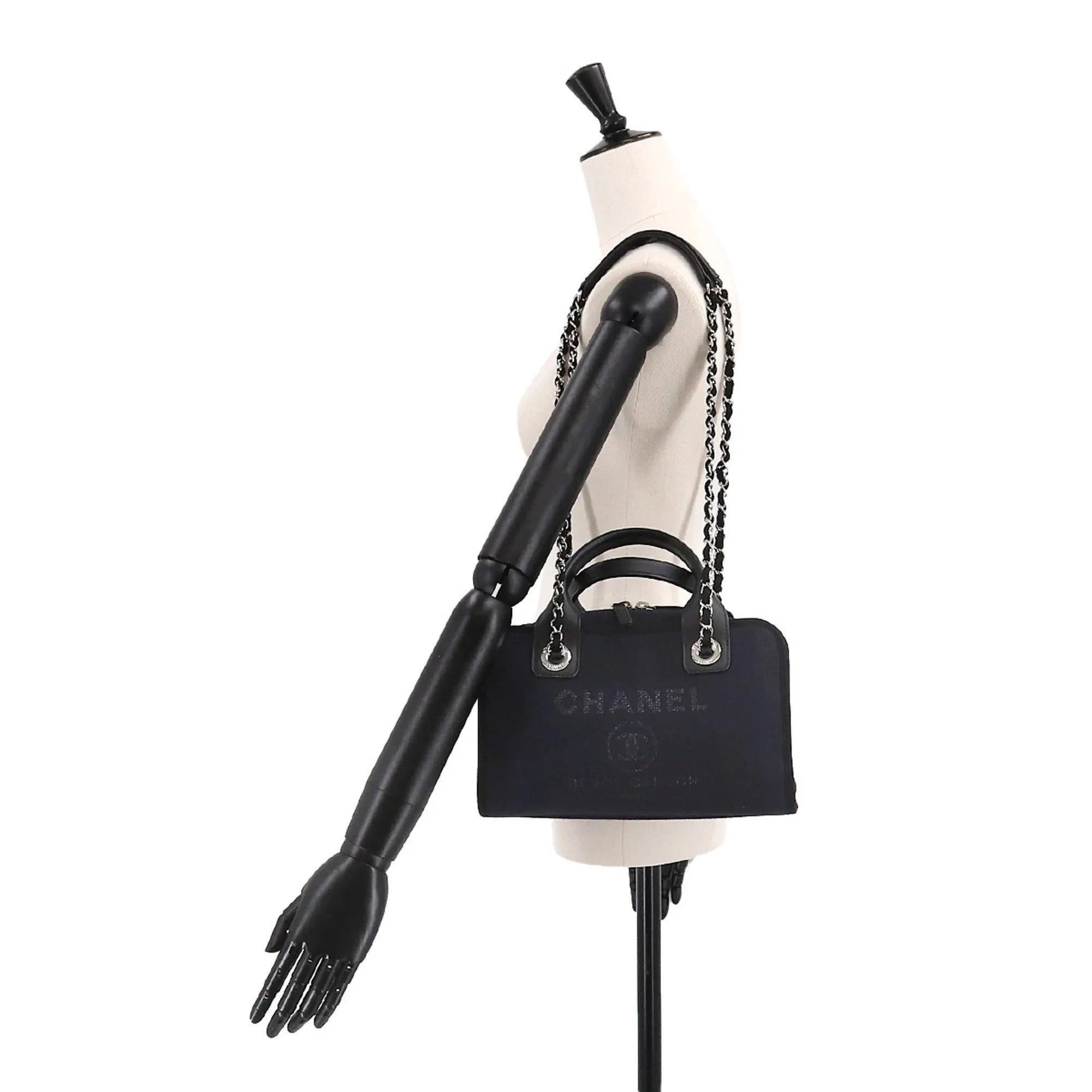CHANEL Deauville Bowling 2way Hand Chain Shoulder Bag Canvas Leather Navy A92749