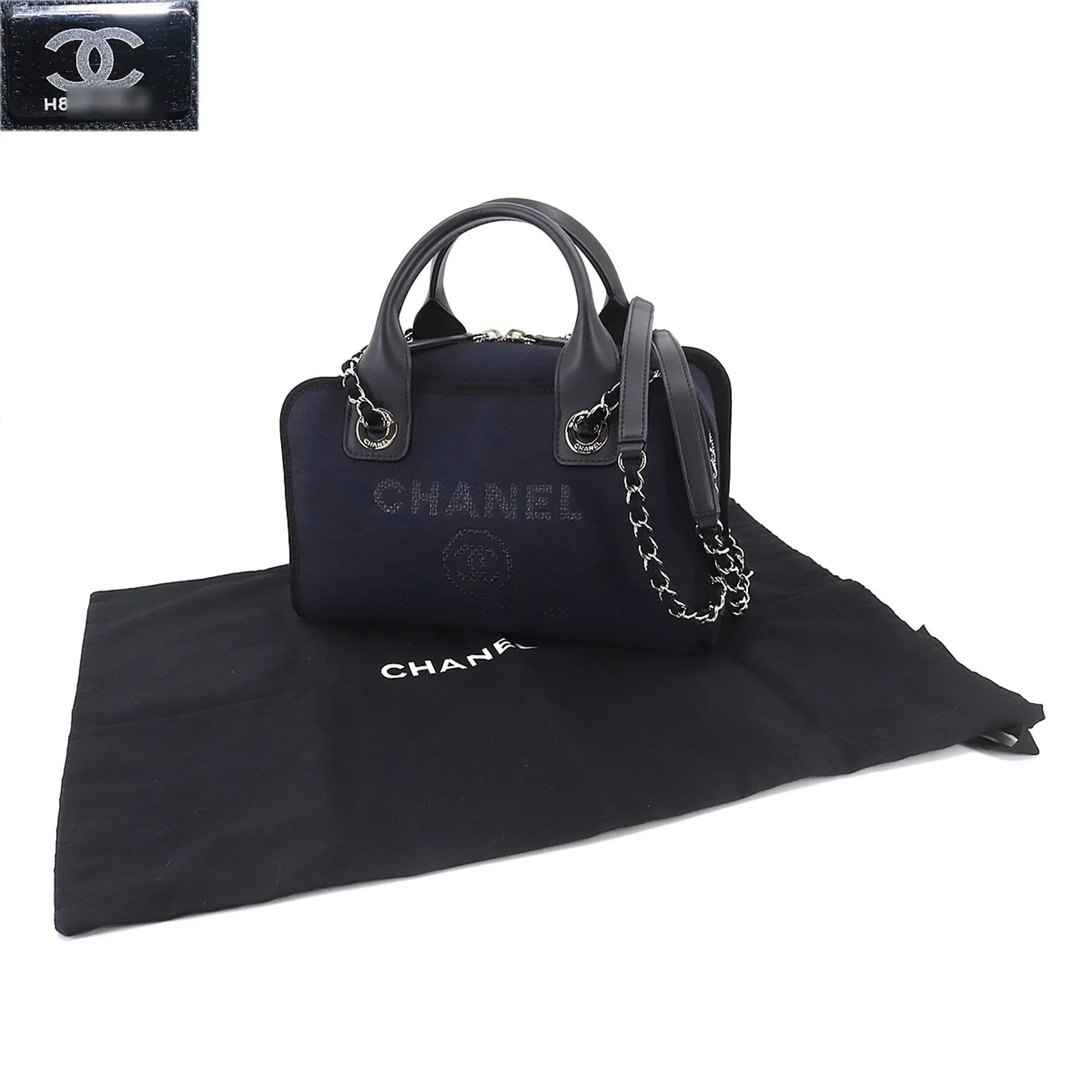 CHANEL Deauville Bowling 2way Hand Chain Shoulder Bag Canvas Leather Navy A92749