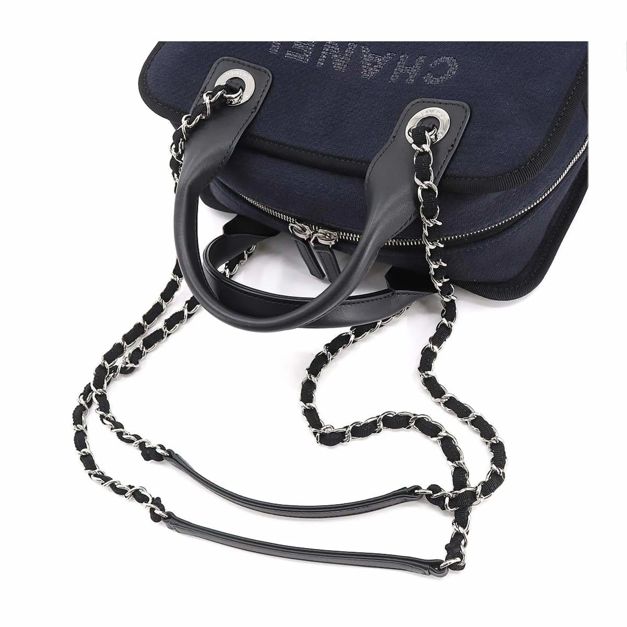 CHANEL Deauville Bowling 2way Hand Chain Shoulder Bag Canvas Leather Navy A92749
