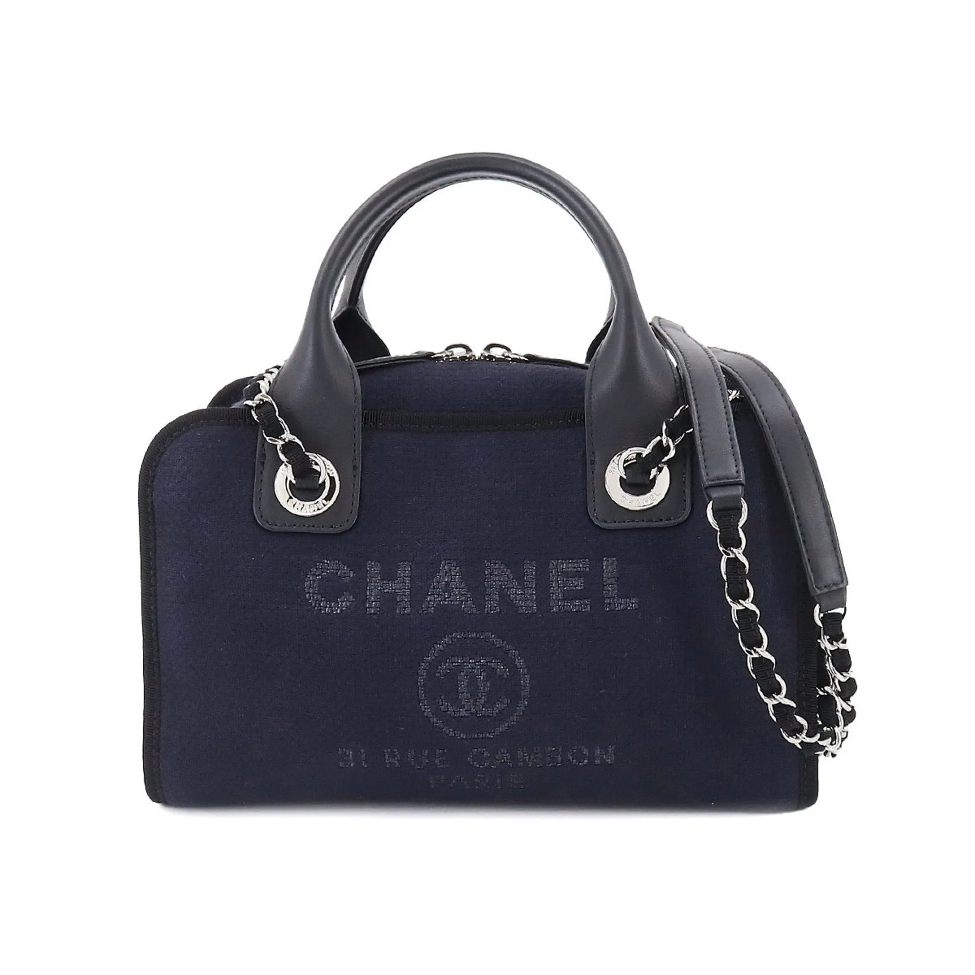 CHANEL Deauville Bowling 2way Hand Chain Shoulder Bag Canvas Leather Navy A92749