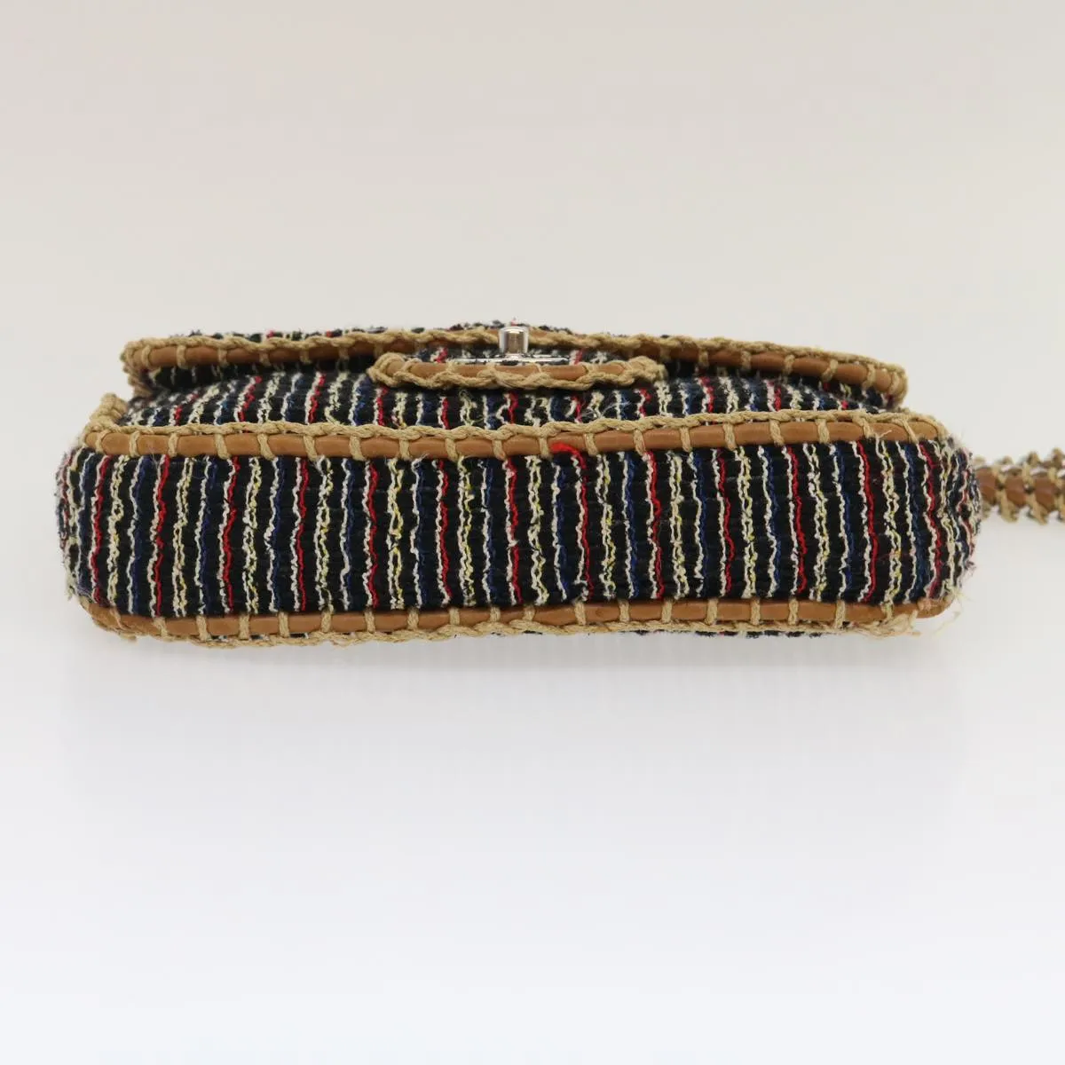 CHANEL Matelasse Tweed Turn Lock Chain Shoulder Bag Navy Brown CC Auth nh616A
