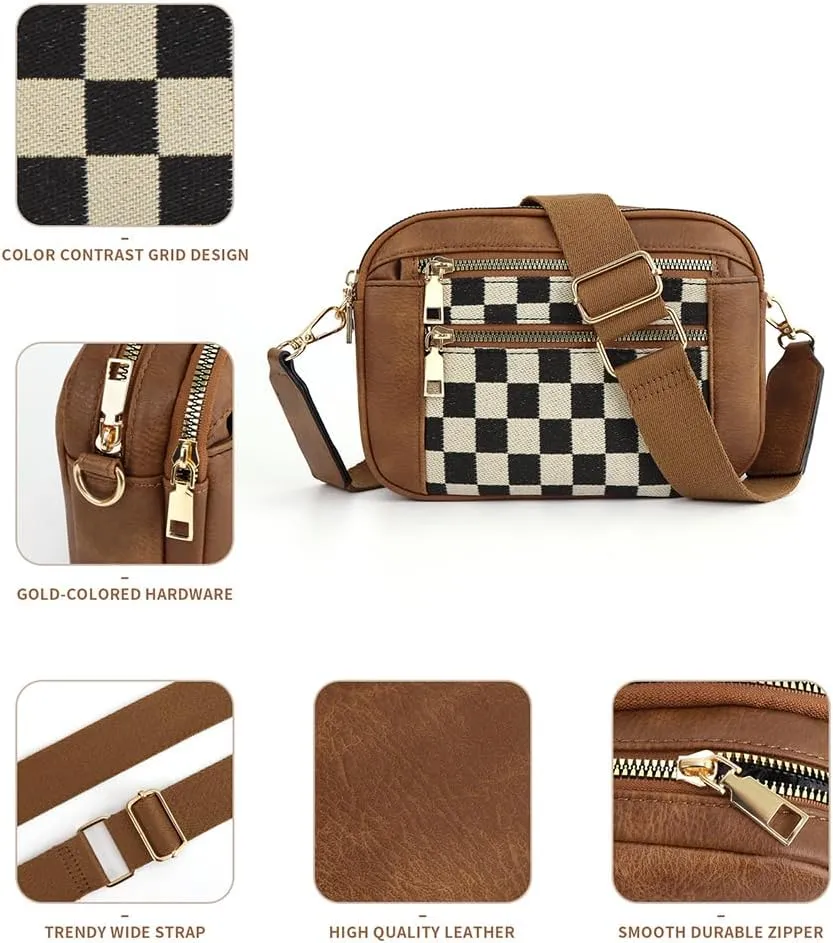 Checkered Crossbody Bag Checkerboard Purse For Women Plaid Pattern Shoulder Bags Colorblock Leather Handbag