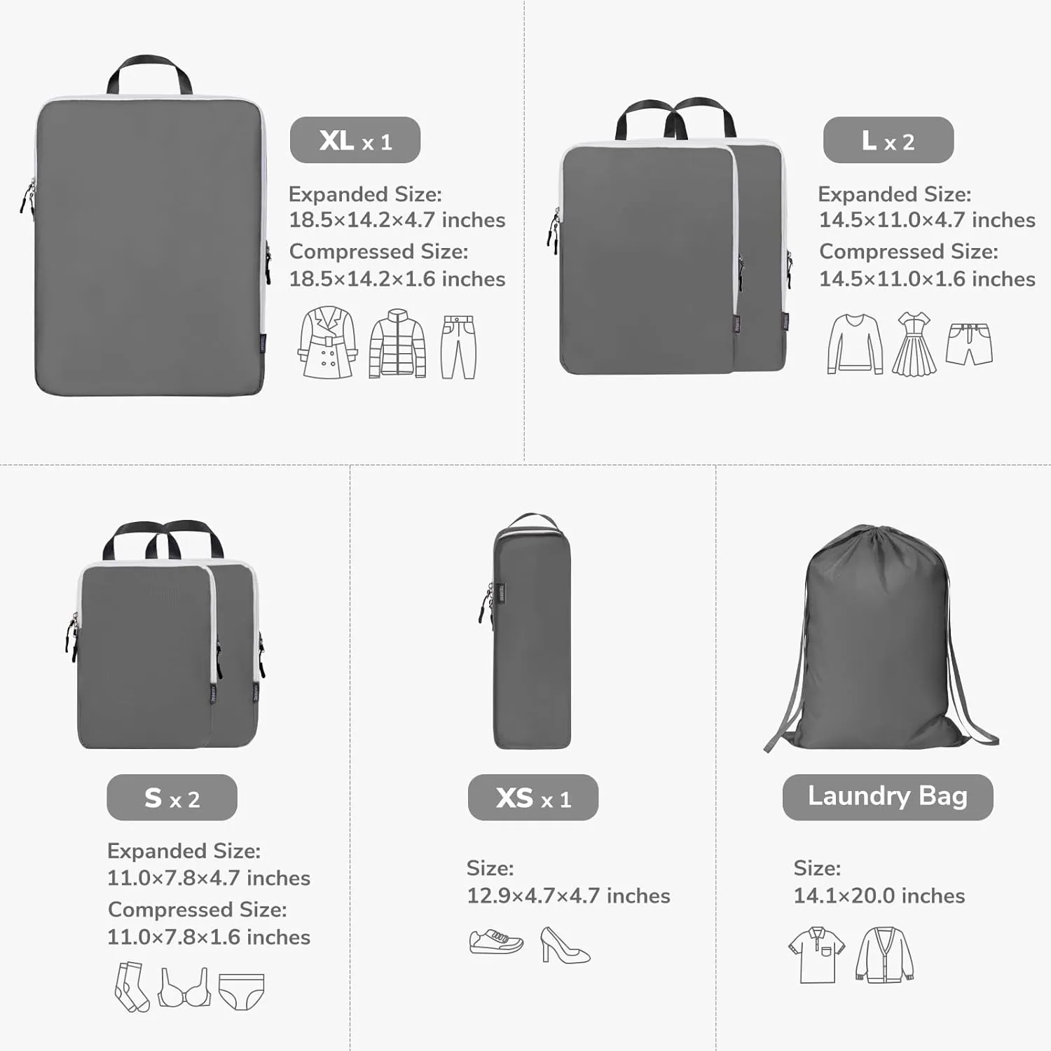 CherryNow Compression Packing Cubes, 7 Set Packing Cubes for Travel, Suitcase Organizers, Luggage Essentials, Travel Bags for Shoes, Clothing, Grey