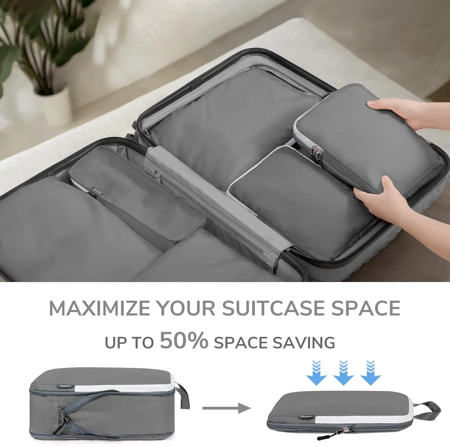 CherryNow Compression Packing Cubes, 7 Set Packing Cubes for Travel, Suitcase Organizers, Luggage Essentials, Travel Bags for Shoes, Clothing, Grey