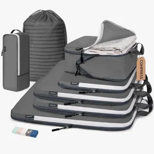 CherryNow Compression Packing Cubes, 7 Set Packing Cubes for Travel, Suitcase Organizers, Luggage Essentials, Travel Bags for Shoes, Clothing, Grey
