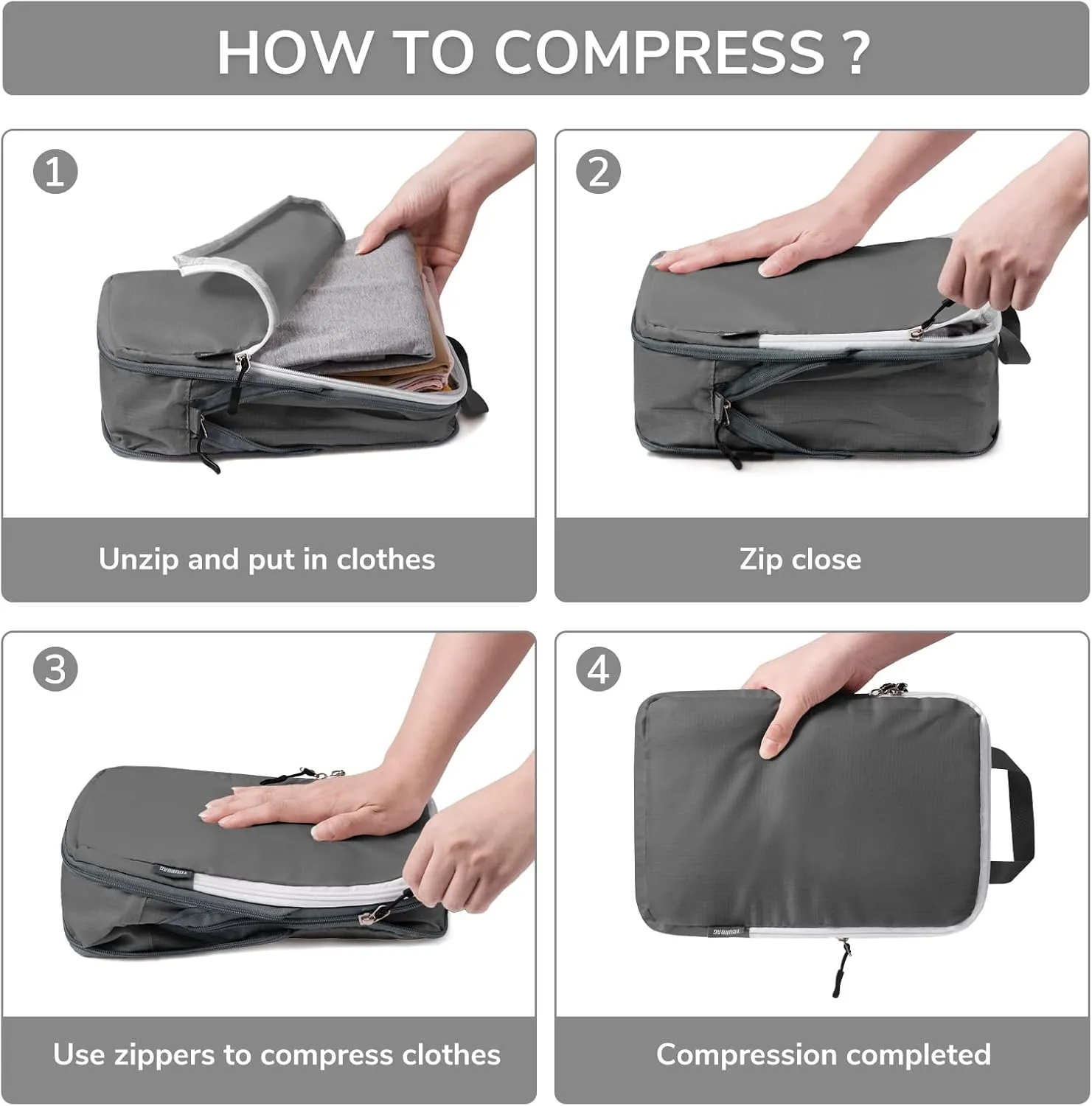 CherryNow Compression Packing Cubes, 7 Set Packing Cubes for Travel, Suitcase Organizers, Luggage Essentials, Travel Bags for Shoes, Clothing, Grey