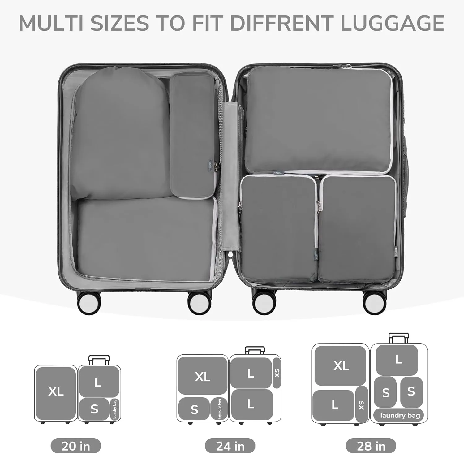 CherryNow Compression Packing Cubes, 7 Set Packing Cubes for Travel, Suitcase Organizers, Luggage Essentials, Travel Bags for Shoes, Clothing, Grey