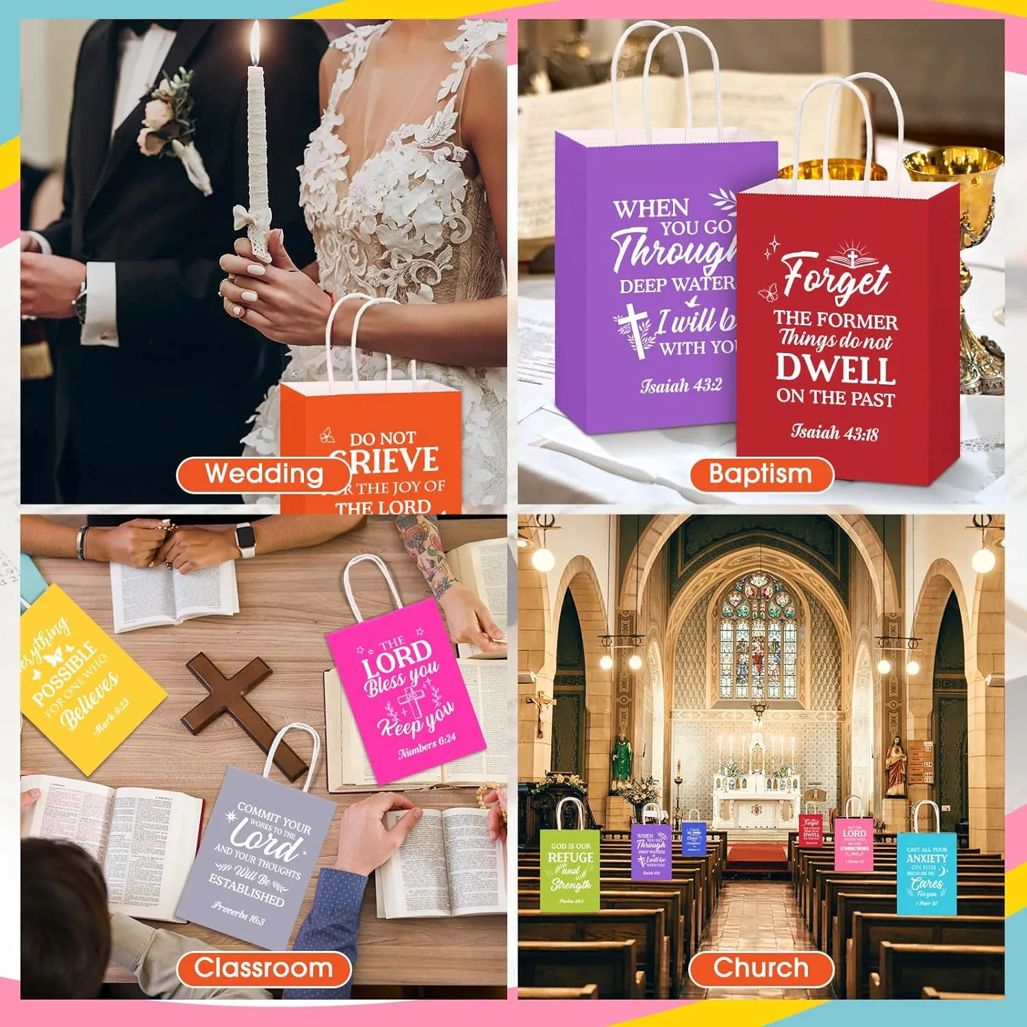 Chiisong 100 Pcs Christian Gift Bags Religious Bible Verse Treat Bags with Handles Inspirational Scripture Church Bag for Sunday School Baptism Guest Birthday Party Favor (Multicolor)