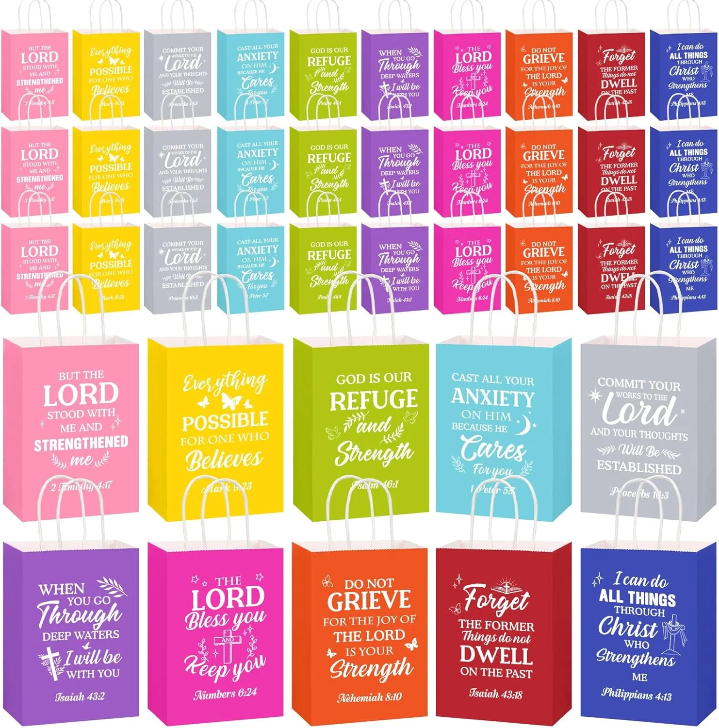 Chiisong 100 Pcs Christian Gift Bags Religious Bible Verse Treat Bags with Handles Inspirational Scripture Church Bag for Sunday School Baptism Guest Birthday Party Favor (Multicolor)