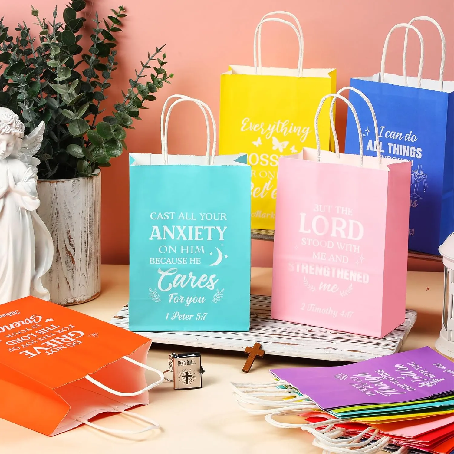Chiisong 100 Pcs Christian Gift Bags Religious Bible Verse Treat Bags with Handles Inspirational Scripture Church Bag for Sunday School Baptism Guest Birthday Party Favor (Multicolor)