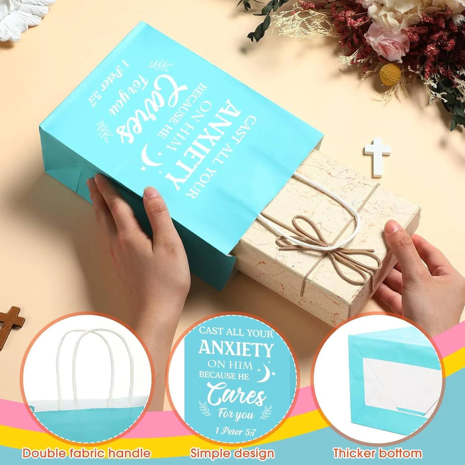 Chiisong 100 Pcs Christian Gift Bags Religious Bible Verse Treat Bags with Handles Inspirational Scripture Church Bag for Sunday School Baptism Guest Birthday Party Favor (Multicolor)