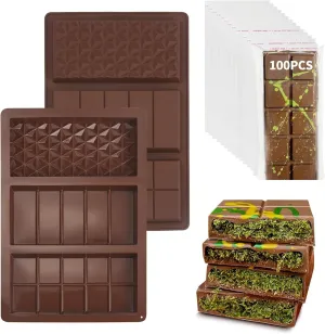 Chocolate Bar Mold 3 In 1, 2Pcs 0.8 Inch Deep Dubai Silicone Chocolate Molds with 100Pcs Bags, Large Break Apart Chocolate Mold Candy Wax Melt Molds for Filling Knafeh Pistachio Chocolate Bar