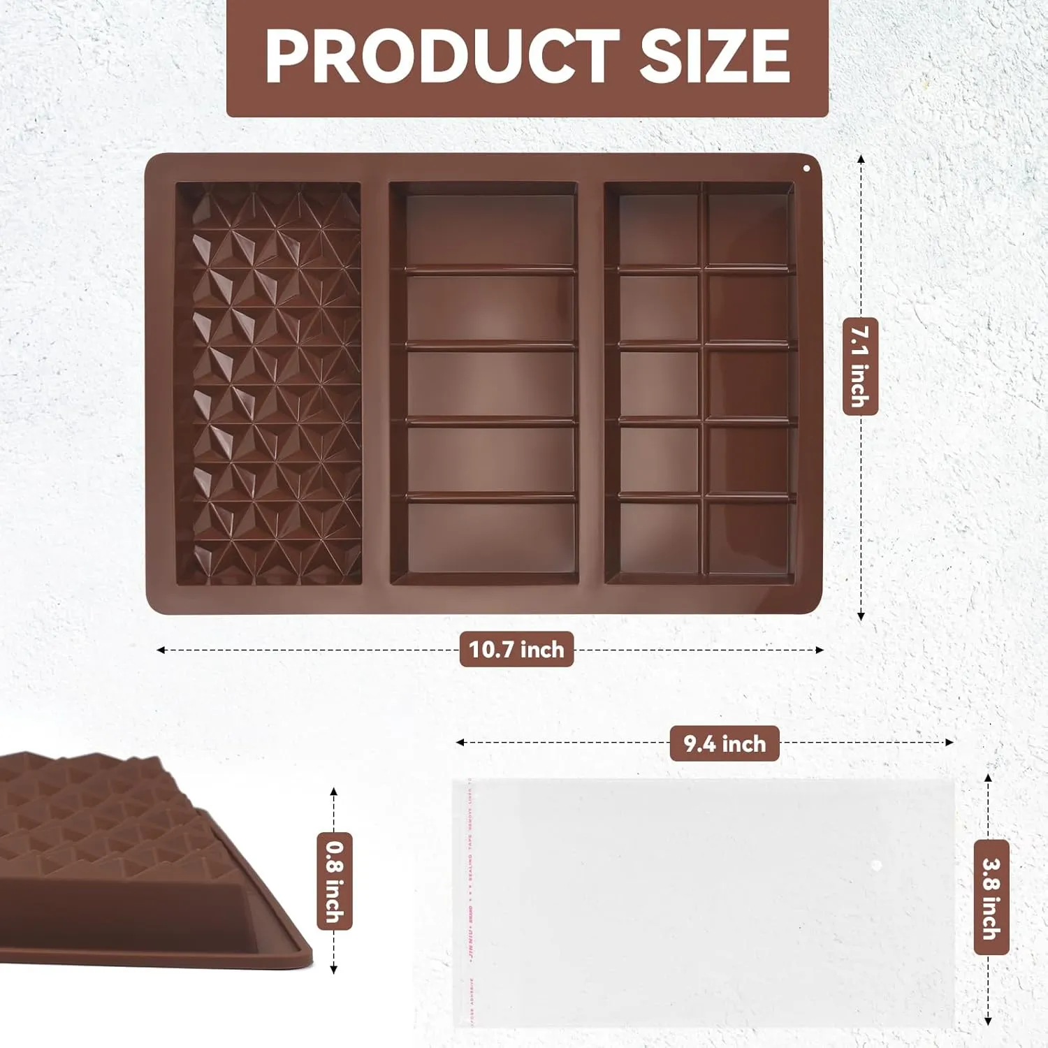 Chocolate Bar Mold 3 In 1, 2Pcs 0.8 Inch Deep Dubai Silicone Chocolate Molds with 100Pcs Bags, Large Break Apart Chocolate Mold Candy Wax Melt Molds for Filling Knafeh Pistachio Chocolate Bar
