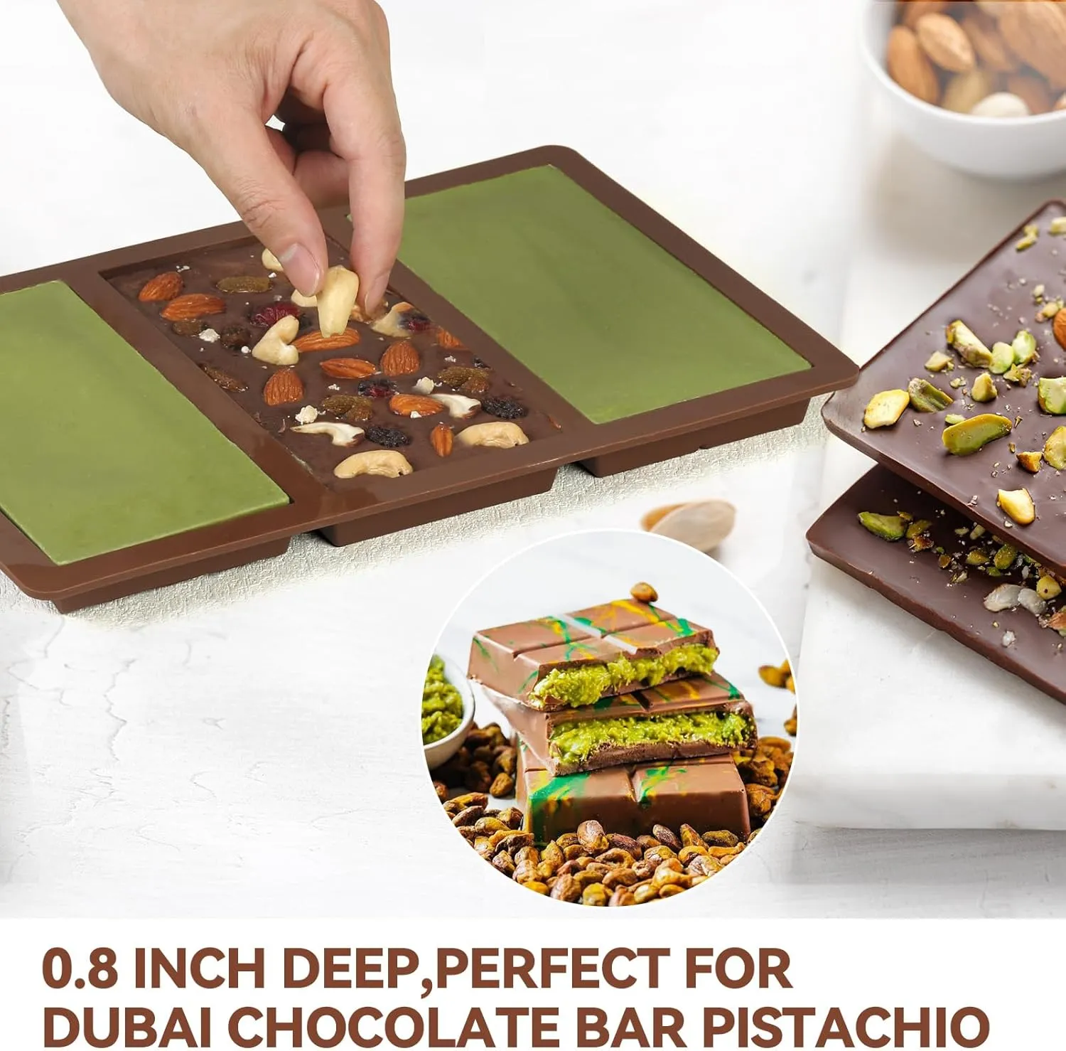 Chocolate Bar Mold 3 In 1, 2Pcs 0.8 Inch Deep Dubai Silicone Chocolate Molds with 100Pcs Bags, Large Break Apart Chocolate Mold Candy Wax Melt Molds for Filling Knafeh Pistachio Chocolate Bar